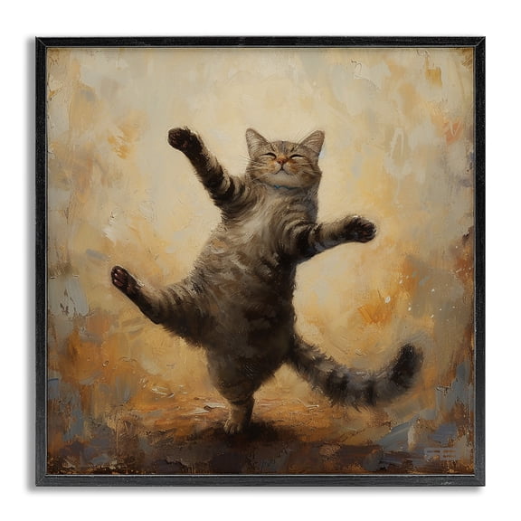 Stupell Industries Dancing Tabby Cat Animals & Insects Painting Gray Framed Art Print Wall Art, 17 x 17