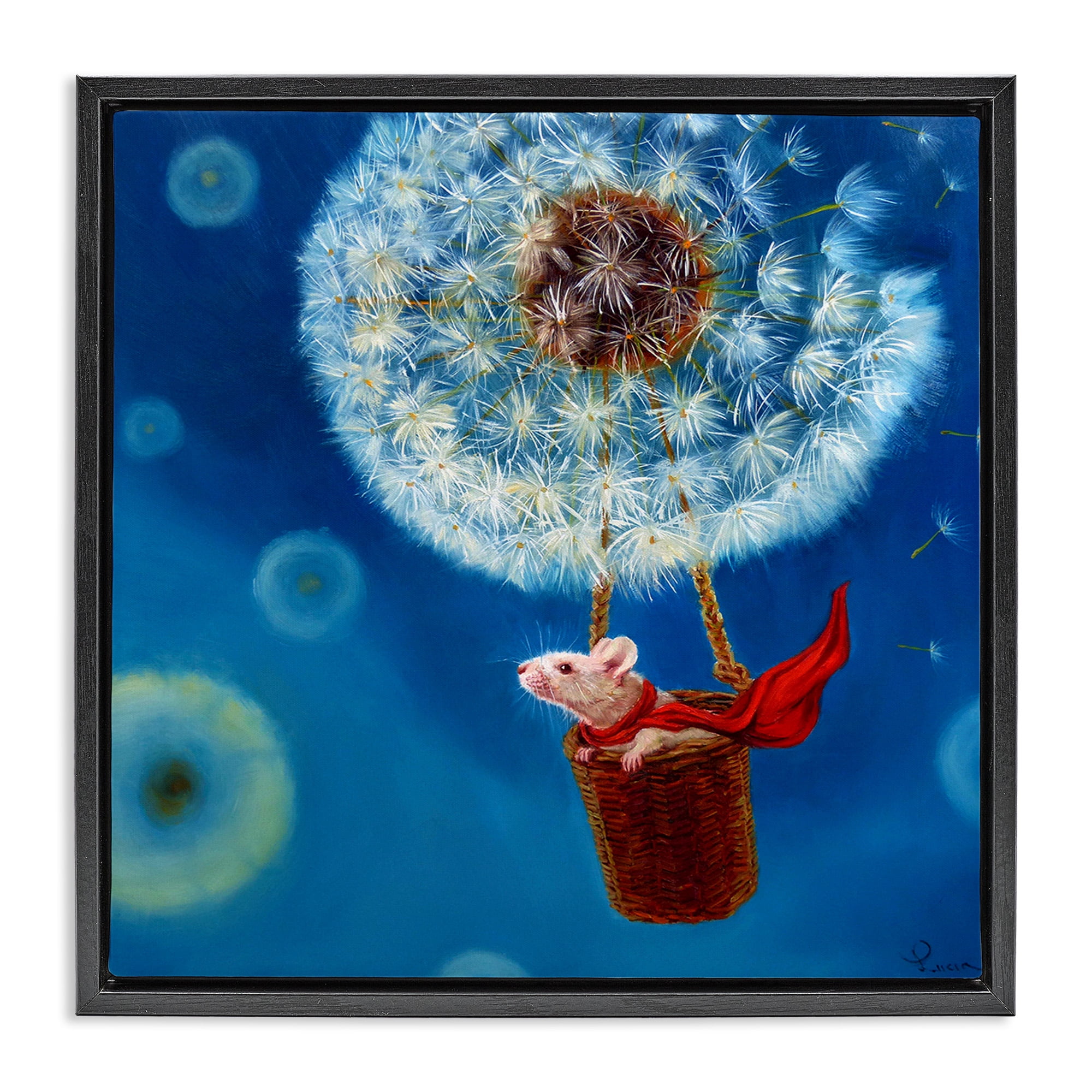 Stupell Industries Dandelion Hot Air Balloon Mouse Animals & Insects Painting Black Floater Framed Canvas Art Print Wall Art, 18 x 18