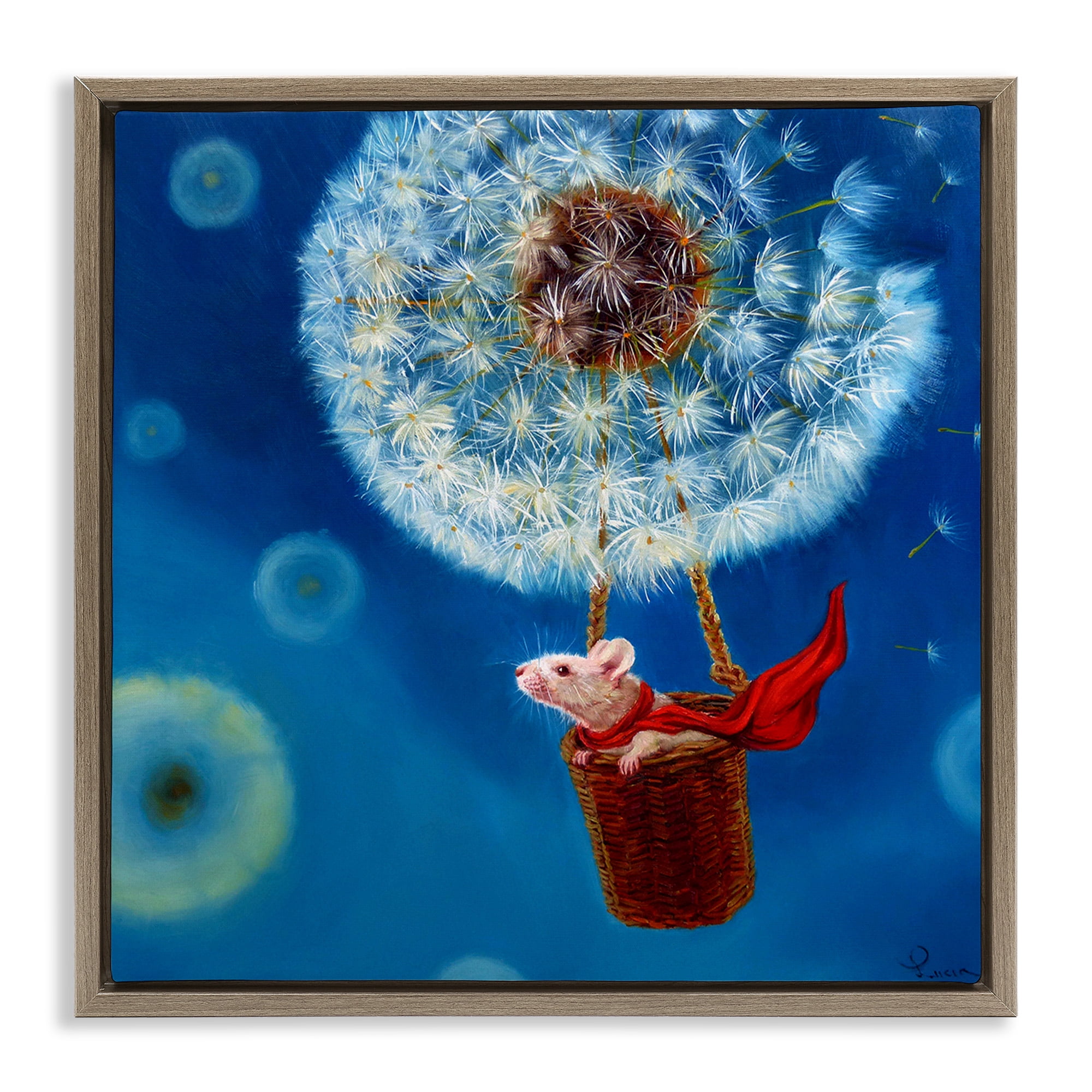 Stupell Industries Dandelion Hot Air Balloon Mouse Animals & Insects Painting Brown Floater Framed Canvas Art Print Wall Art, 18 x 18