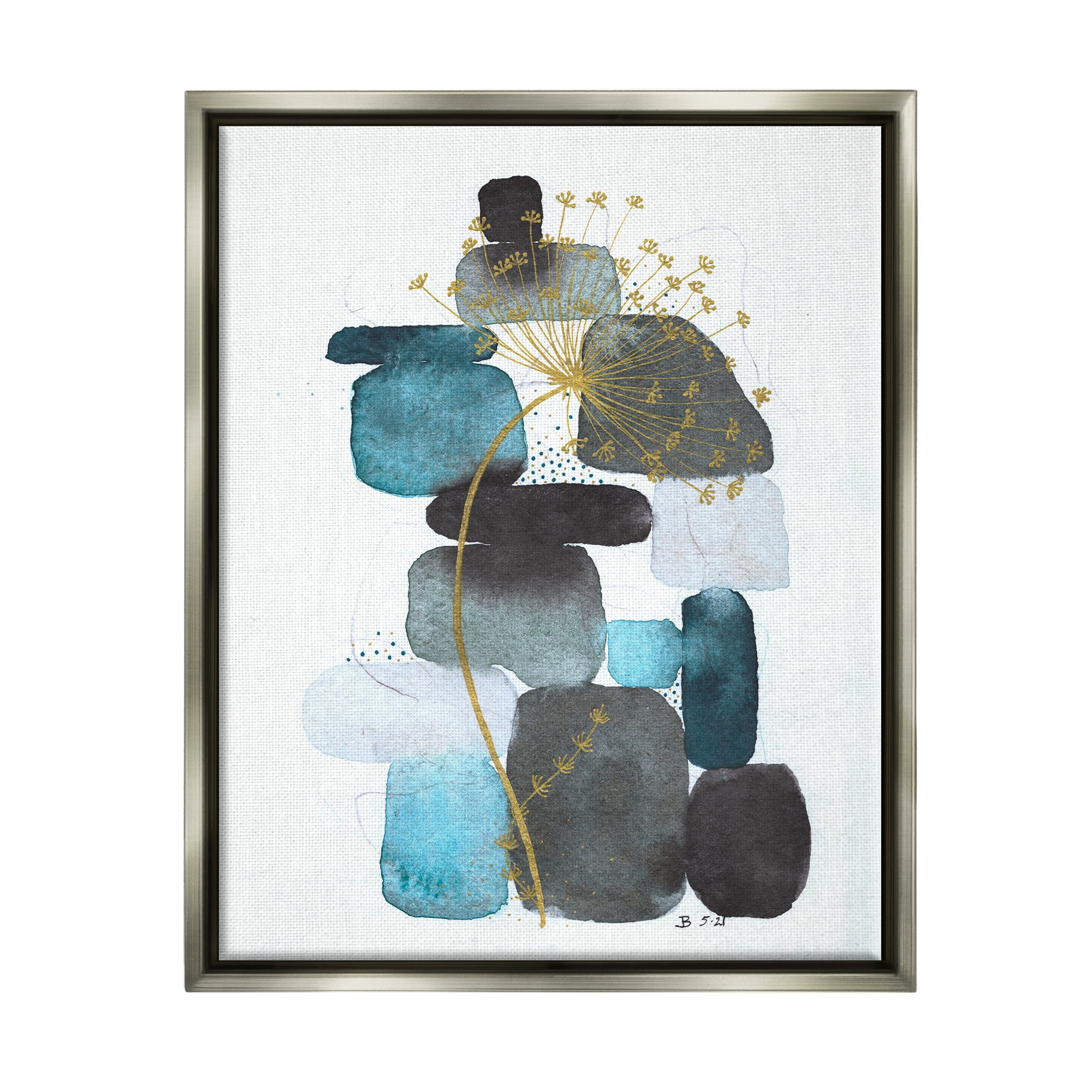 Stupell Industries Dandelion on Blue Rocks Abstract Painting Gray Floater Framed Art Print Wall Art, 17 x 21