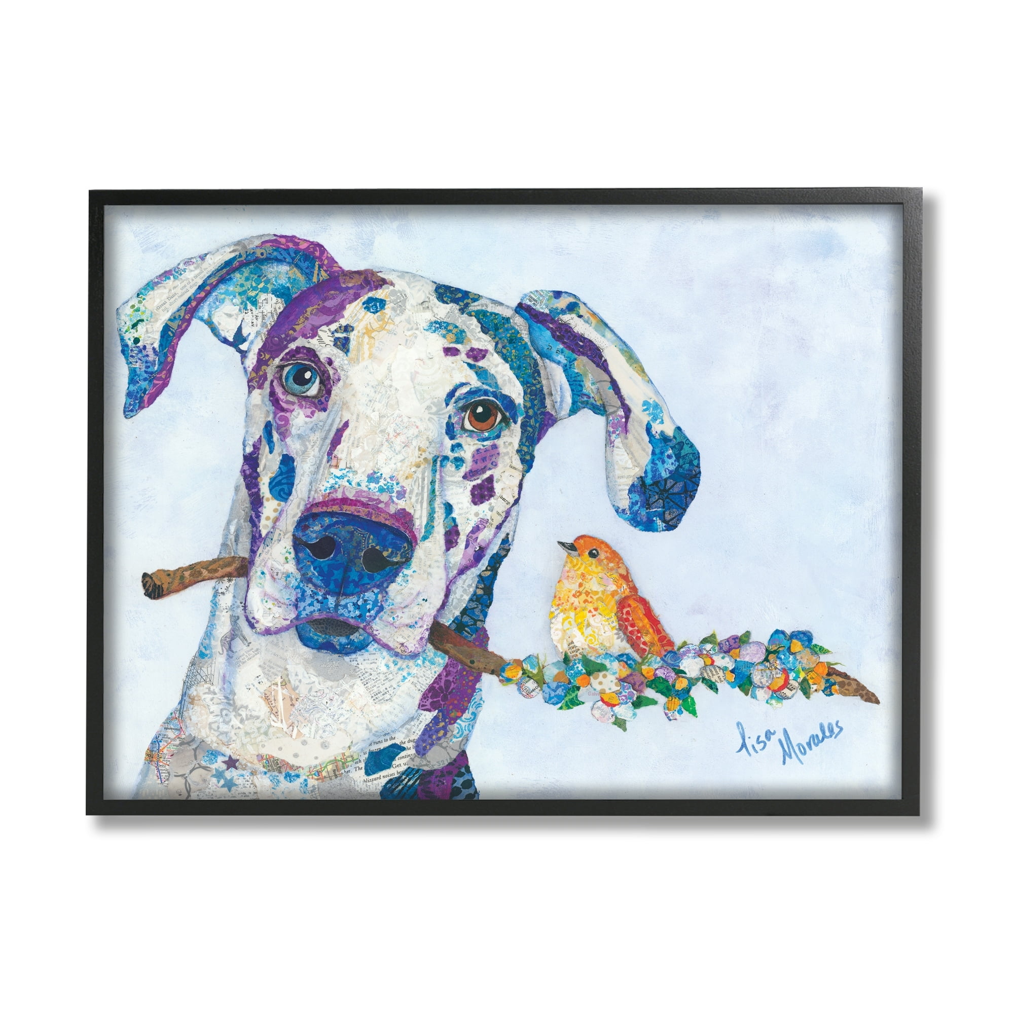 Stupell Industries Dane & Songbird Perched Branch Floral Dog Collage Painting Black Framed Art Print Wall Art, Design by Lisa Morales
