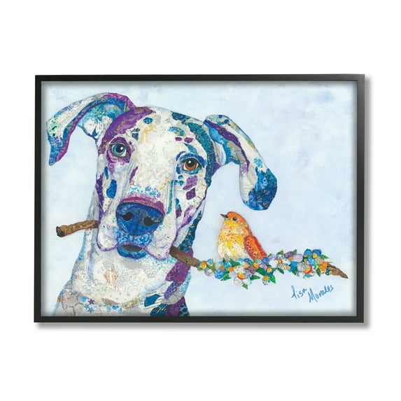 Stupell Industries Dane & Songbird Perched Branch Floral Dog Collage Painting Black Framed Art Print Wall Art, Design by Lisa Morales
