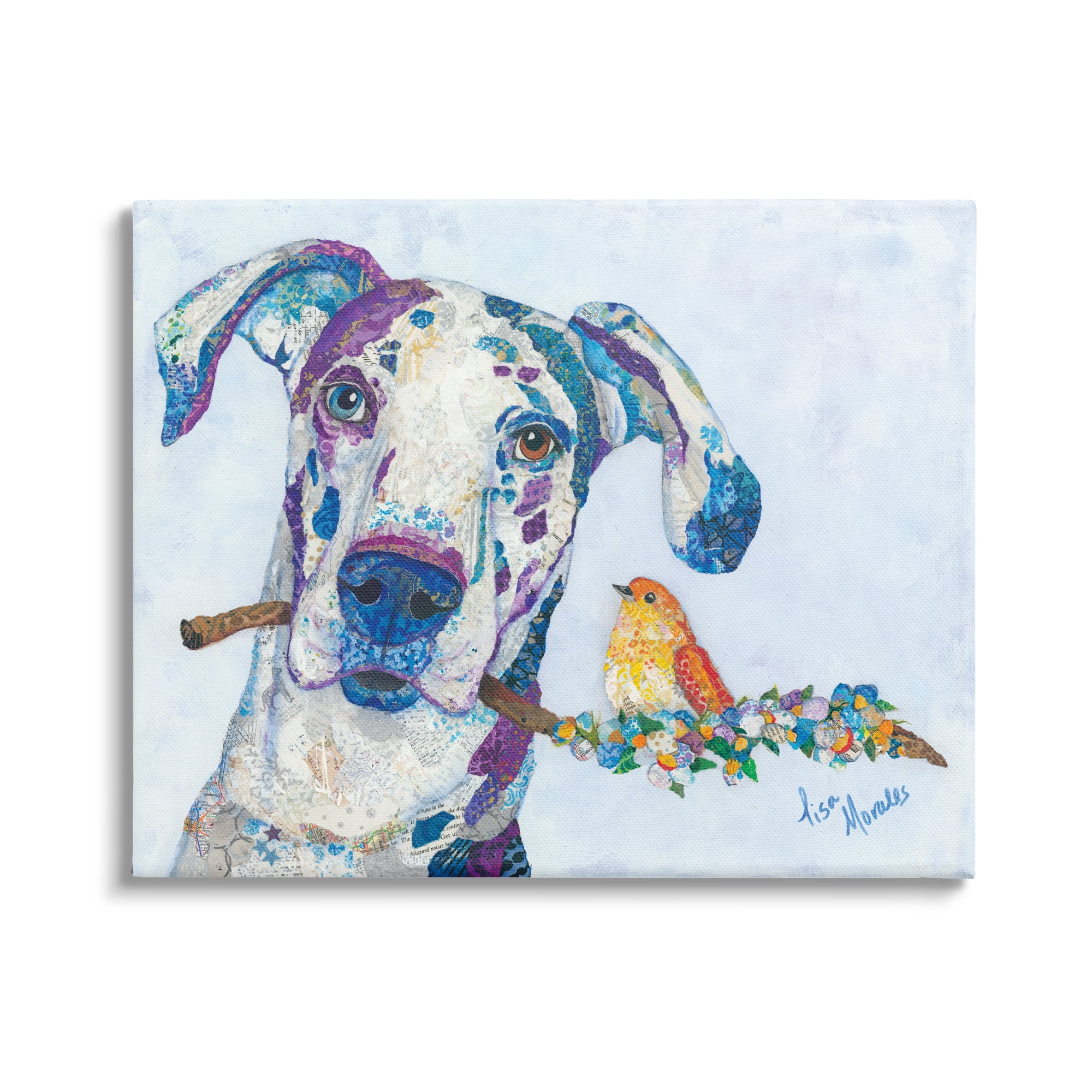Stupell Industries Dane & Songbird Perched Branch Floral Dog Collage Painting Gallery Wrapped Canvas Print Wall Art, Design by Lisa Morales