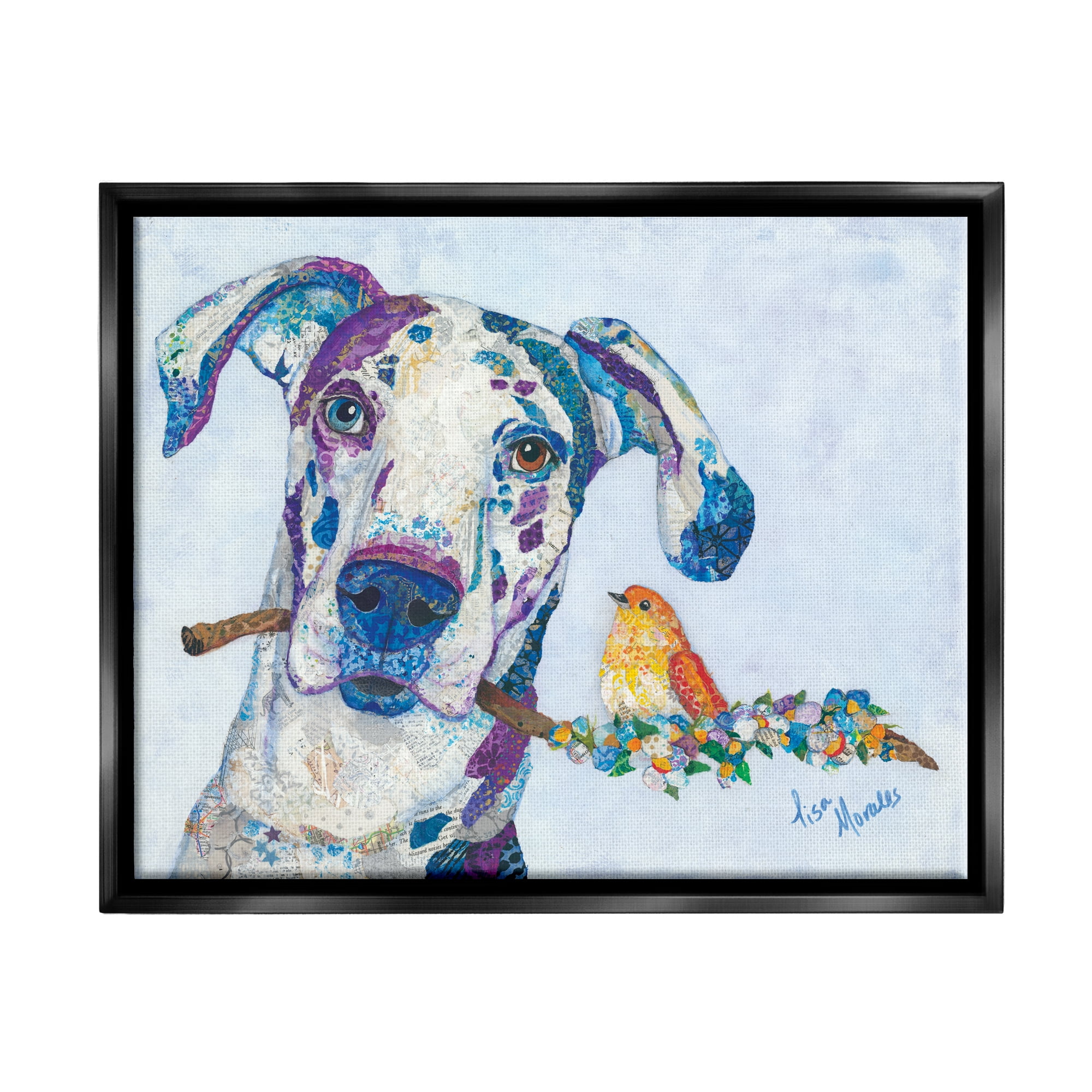 Stupell Industries Dane & Songbird Perched Branch Floral Dog Collage Painting Jet Black Floating Framed Canvas Print Wall Art, Design by Lisa Morales