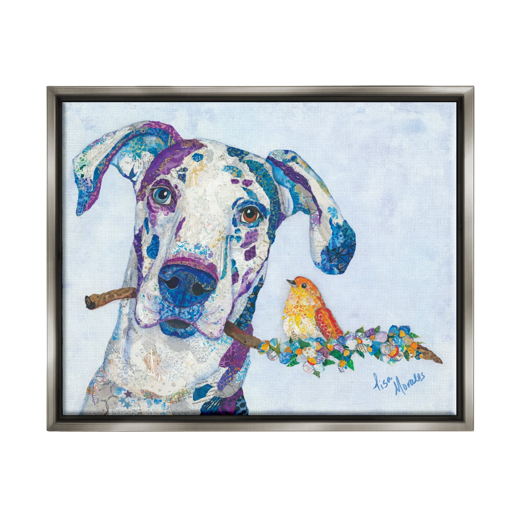 Stupell Industries Dane & Songbird Perched Branch Floral Dog Collage Painting Luster Gray Floating Framed Canvas Print Wall Art, Design by Lisa Morales