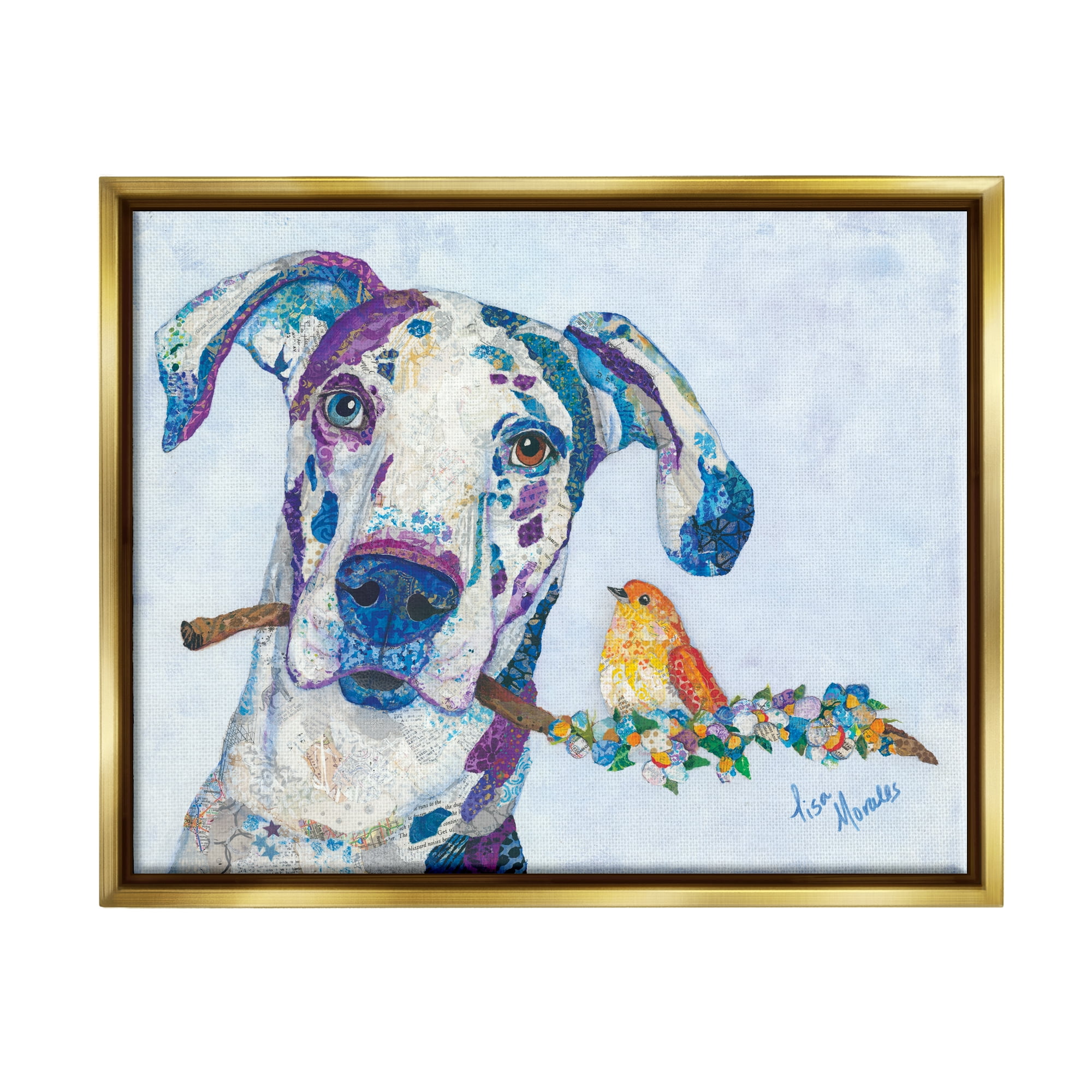 Stupell Industries Dane & Songbird Perched Branch Floral Dog Collage Painting Metallic Gold Floating Framed Canvas Print Wall Art, Design by Lisa Morales