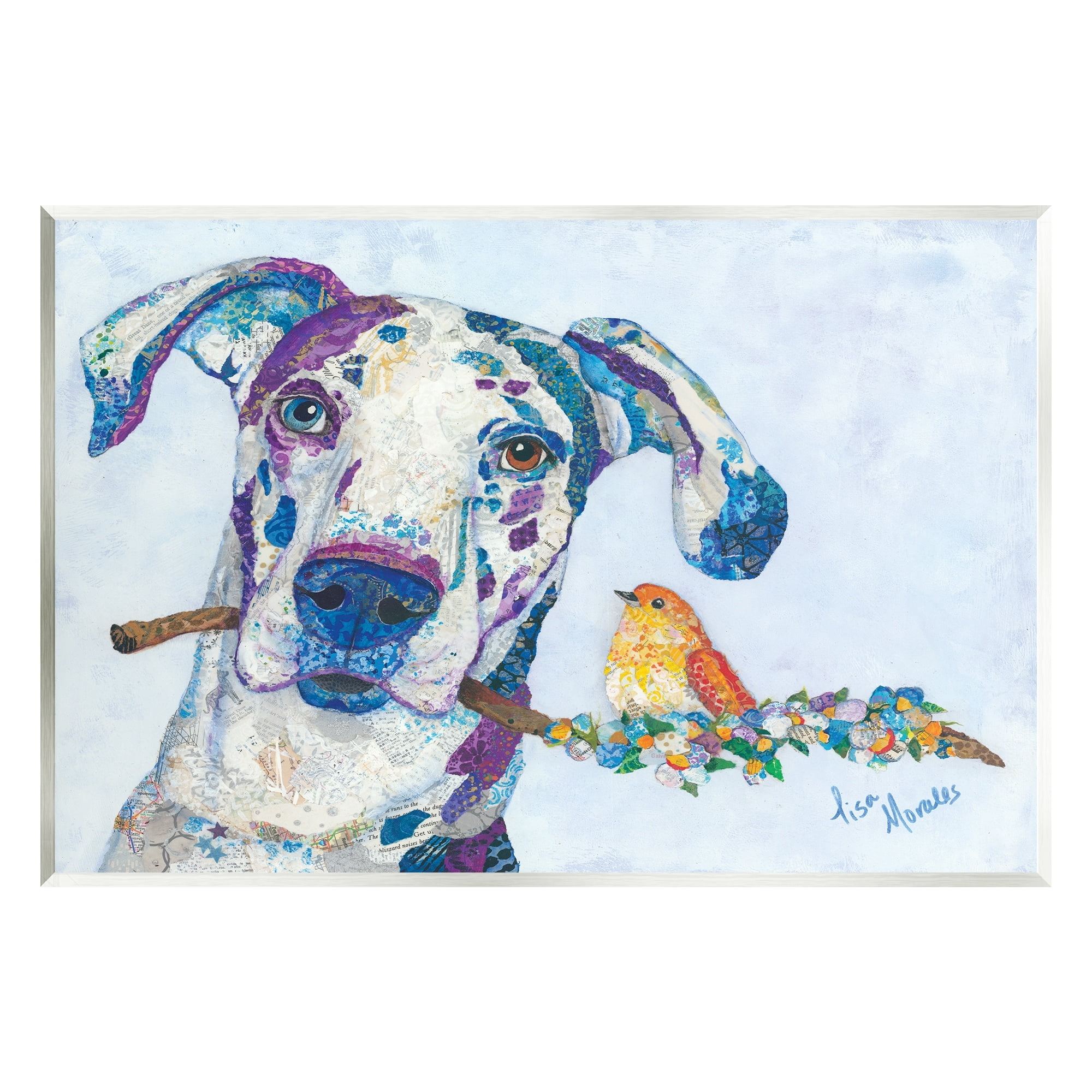 Stupell Industries Dane & Songbird Perched Branch Floral Dog Collage Painting Unframed Art Print Wall Art, Design by Lisa Morales