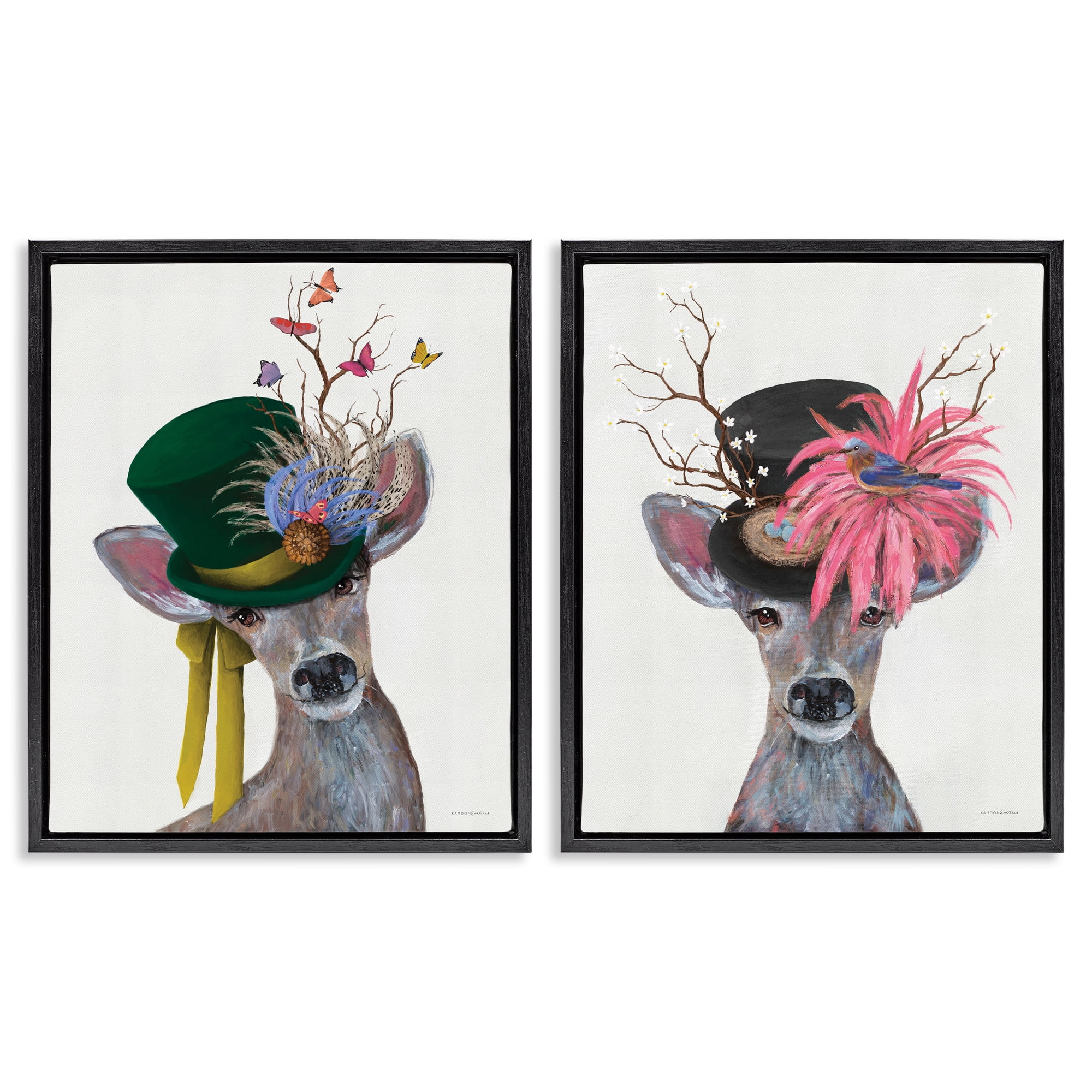 Stupell Industries Dapper Deer Floral Top Hat Animals Painting Black Floater Framed Canvas Art Print Wall Art, 17 x 21, Set of 2