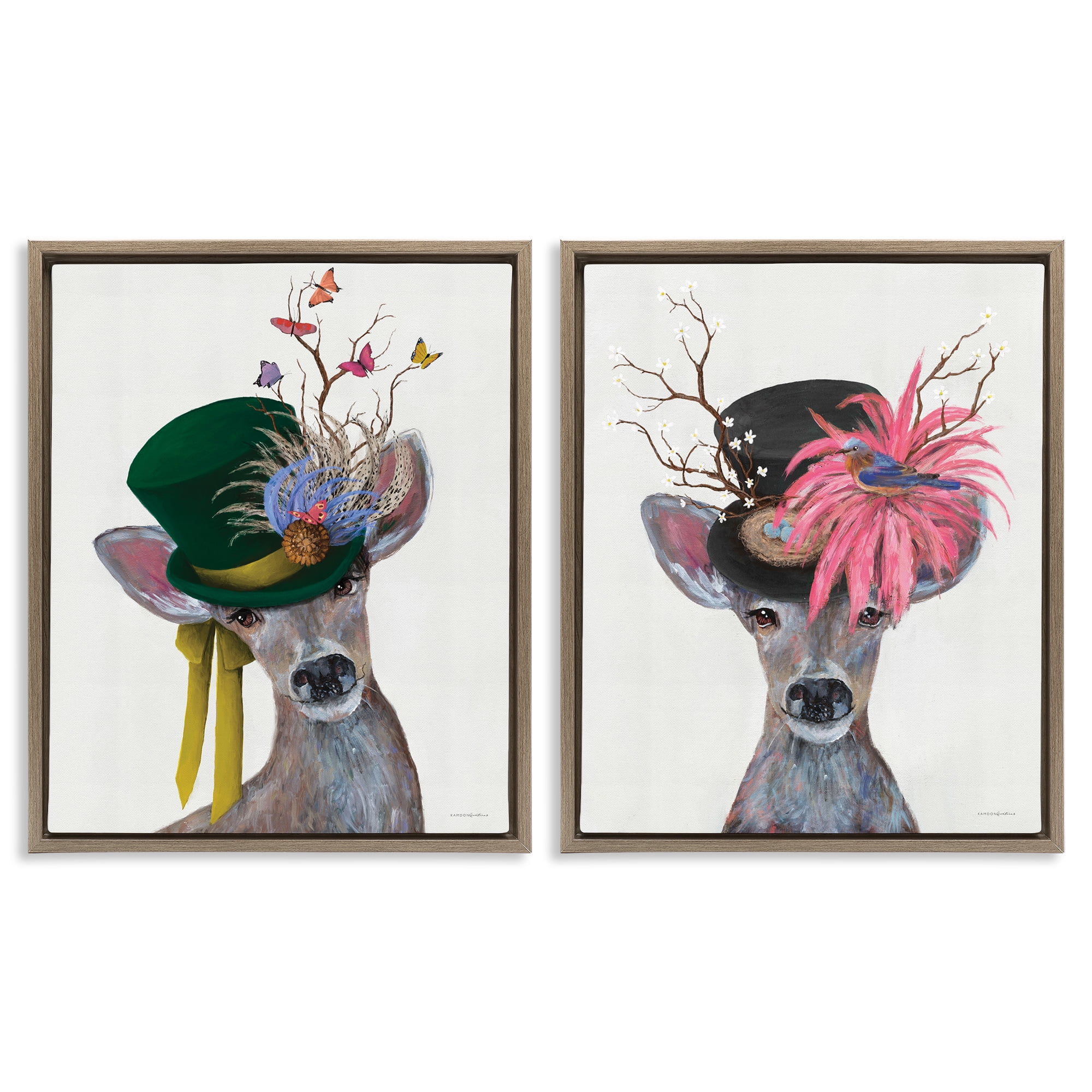 Stupell Industries Dapper Deer Floral Top Hat Animals Painting Brown Floater Framed Canvas Art Print Wall Art, 17 x 21, Set of 2