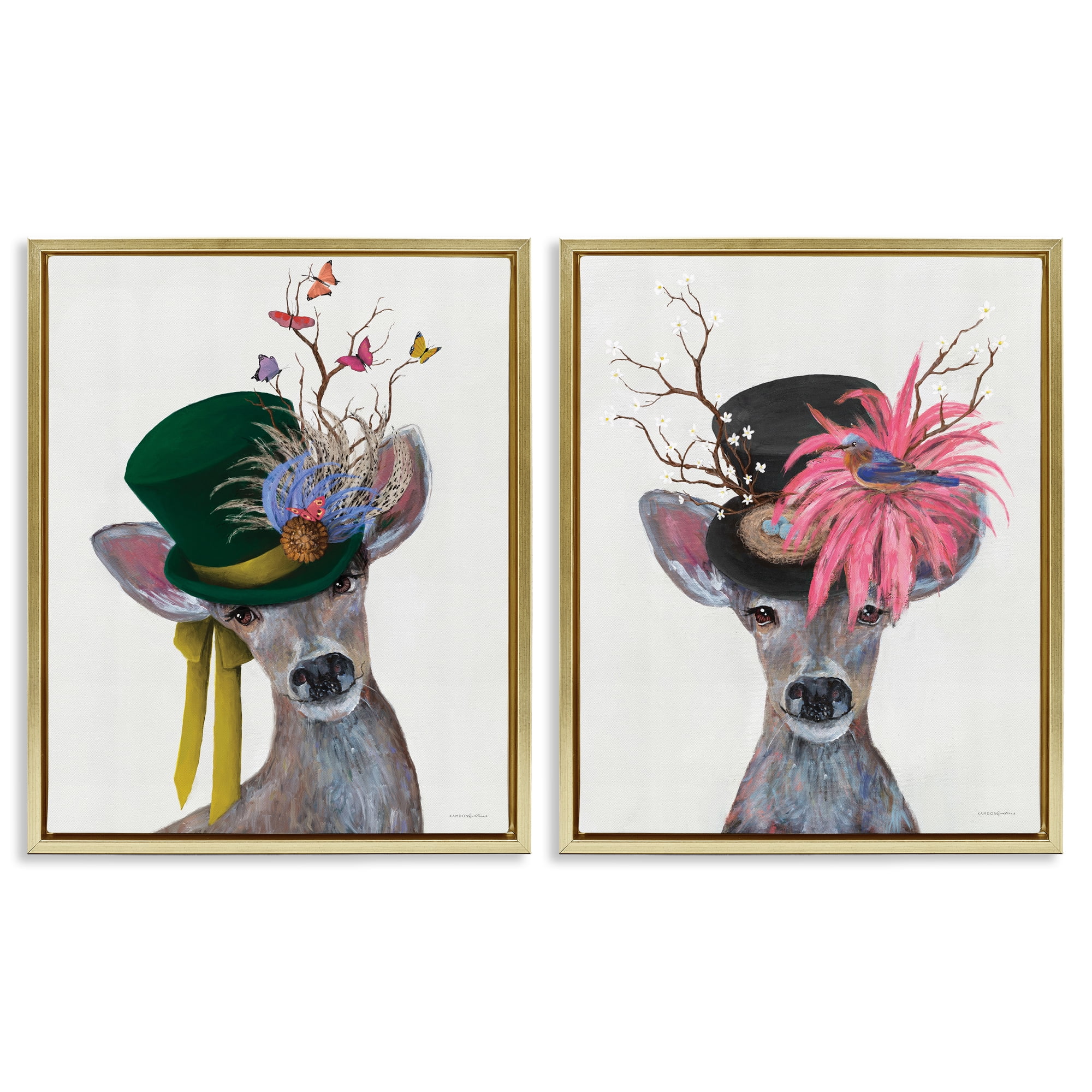 Stupell Industries Dapper Deer Floral Top Hat Animals Painting Gold Floater Framed Canvas Art Print Wall Art, 17 x 21, Set of 2
