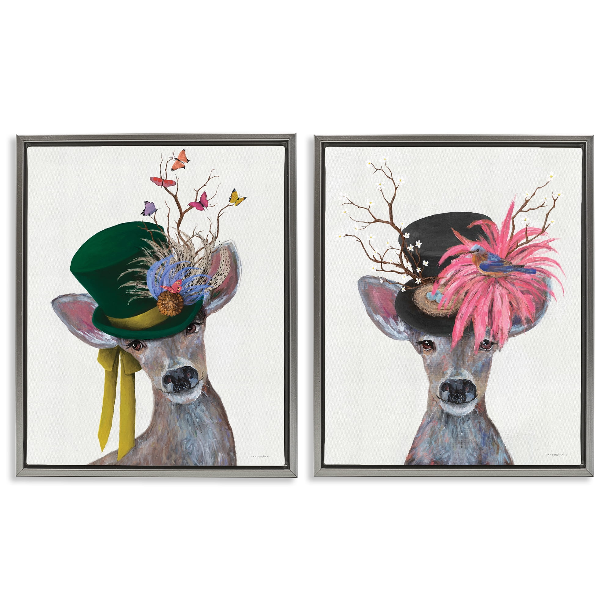Stupell Industries Dapper Deer Floral Top Hat Animals Painting Gray Floater Framed Canvas Art Print Wall Art, 31 x 25, Set of 2