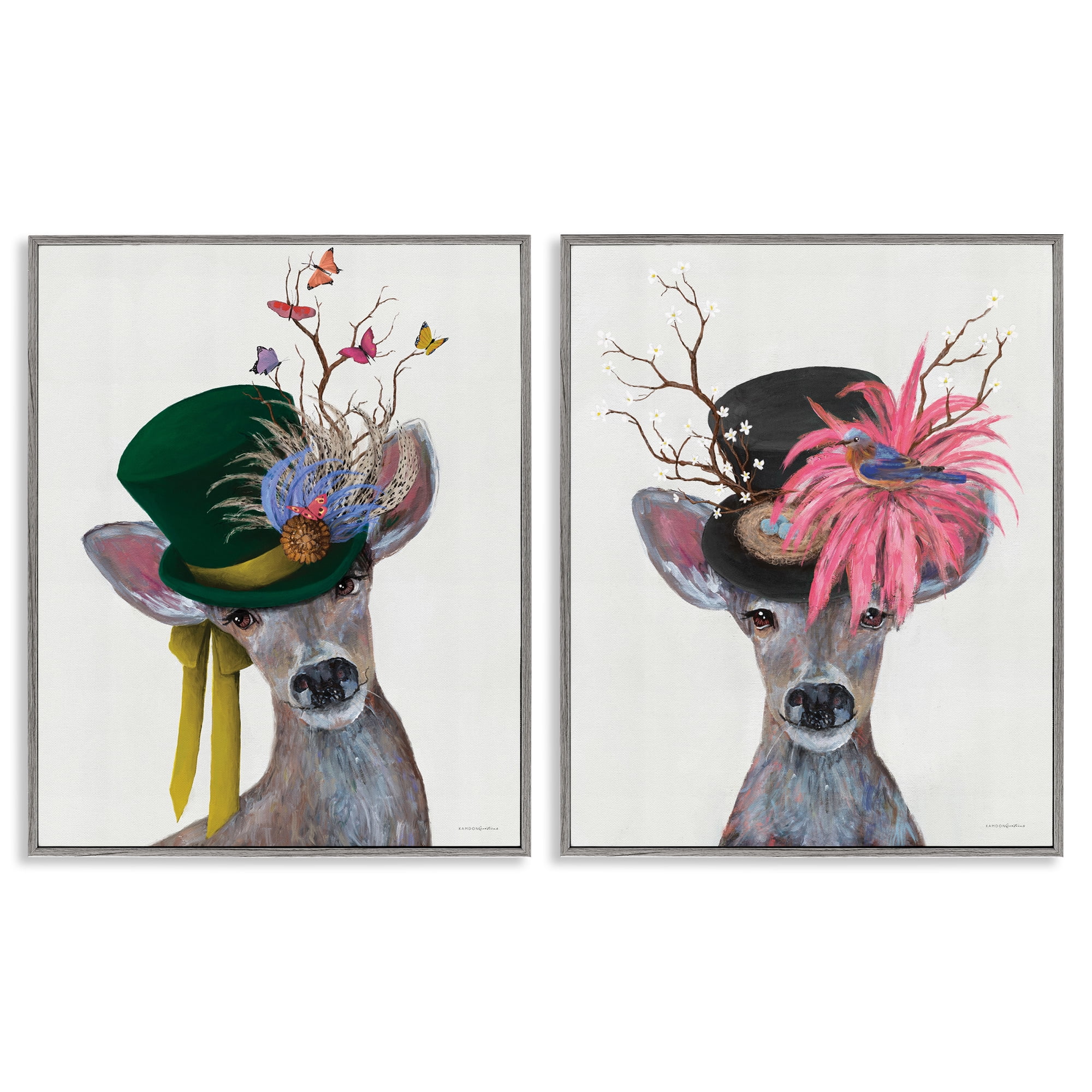 Stupell Industries Dapper Deer Floral Top Hat Animals Painting Gray Framed Art Print Wall Art, 11 x 14, Set of 2