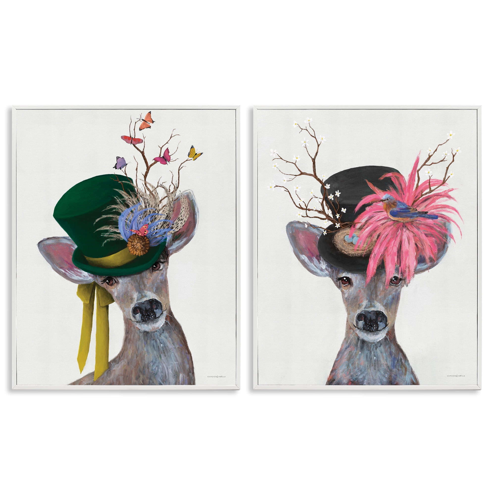 Stupell Industries Dapper Deer Floral Top Hat Animals Painting White Framed Art Print Wall Art, 11 x 14, Set of 2