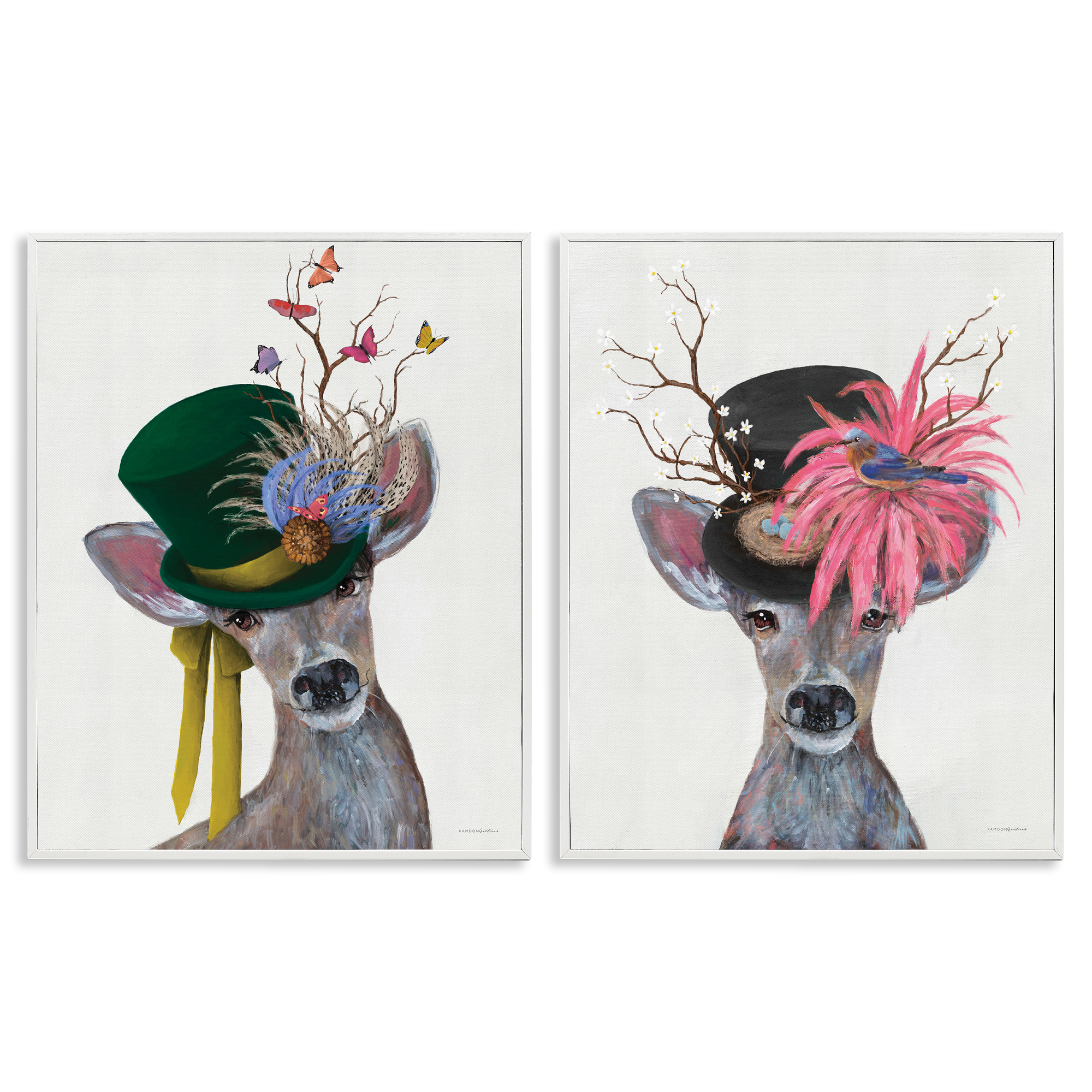 Stupell Industries Dapper Deer Floral Top Hat Animals Painting White Framed Art Print Wall Art, 24 x 30, Set of 2