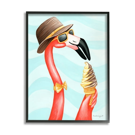 Stupell Industries Dapper Flamingo Summertime Ice Cream Cone Snack Graphic Art Black Framed Art Print Wall Art, Design by Amelie Legault