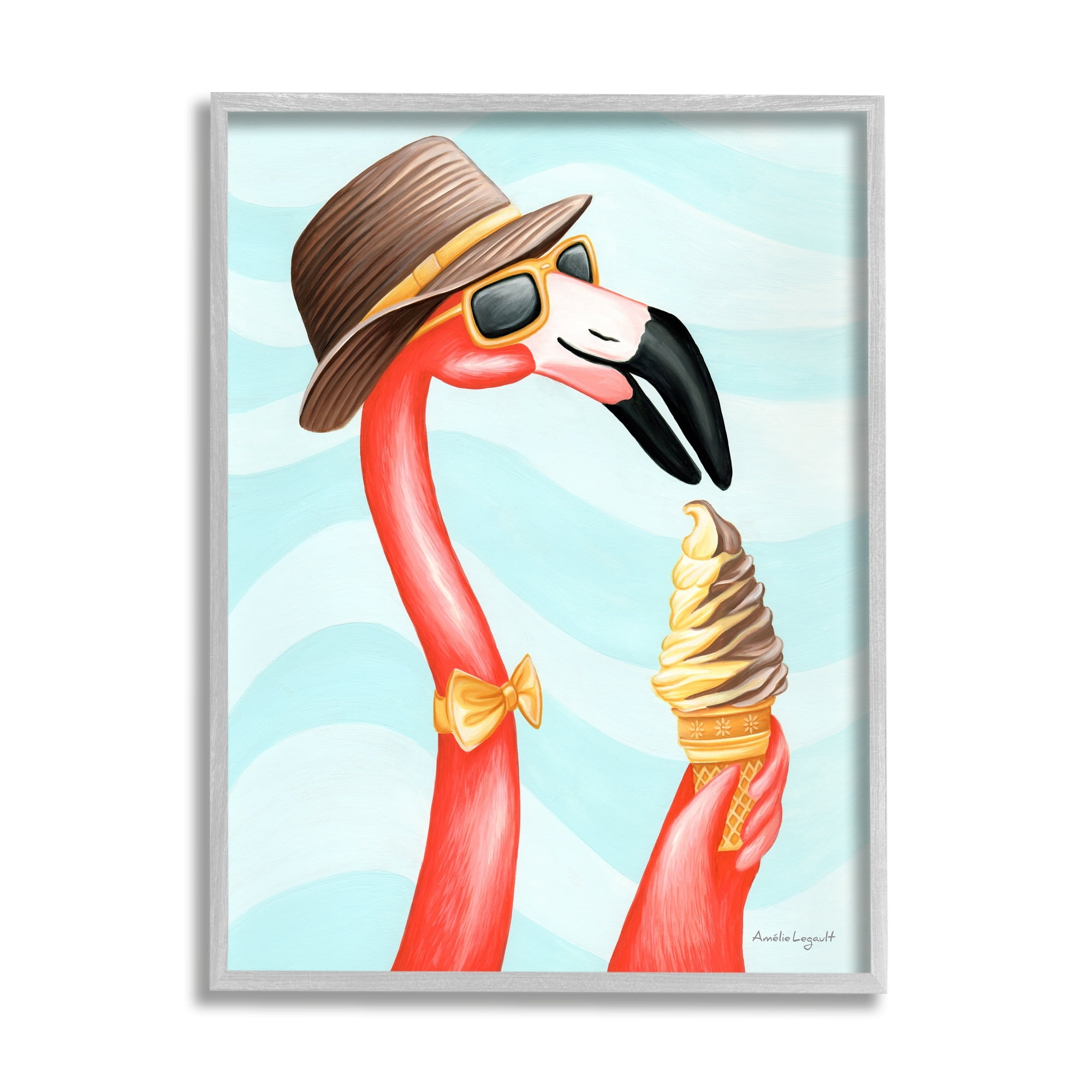 Stupell Industries Dapper Flamingo Summertime Ice Cream Cone Snack Graphic Art Gray Framed Art Print Wall Art, Design by Amelie Legault