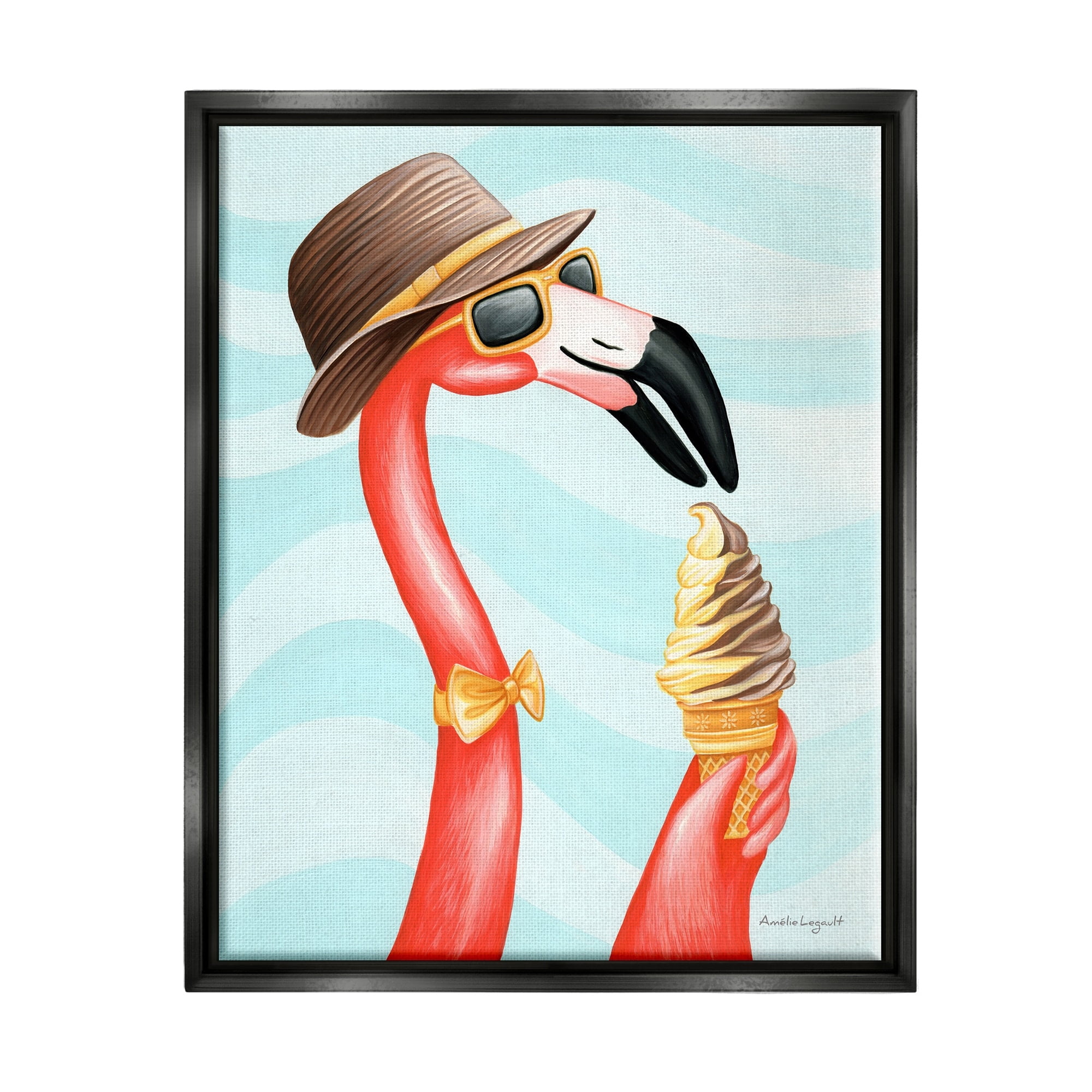 Stupell Industries Dapper Flamingo Summertime Ice Cream Cone Snack Graphic Art Jet Black Floating Framed Canvas Print Wall Art, Design by Amelie Legault