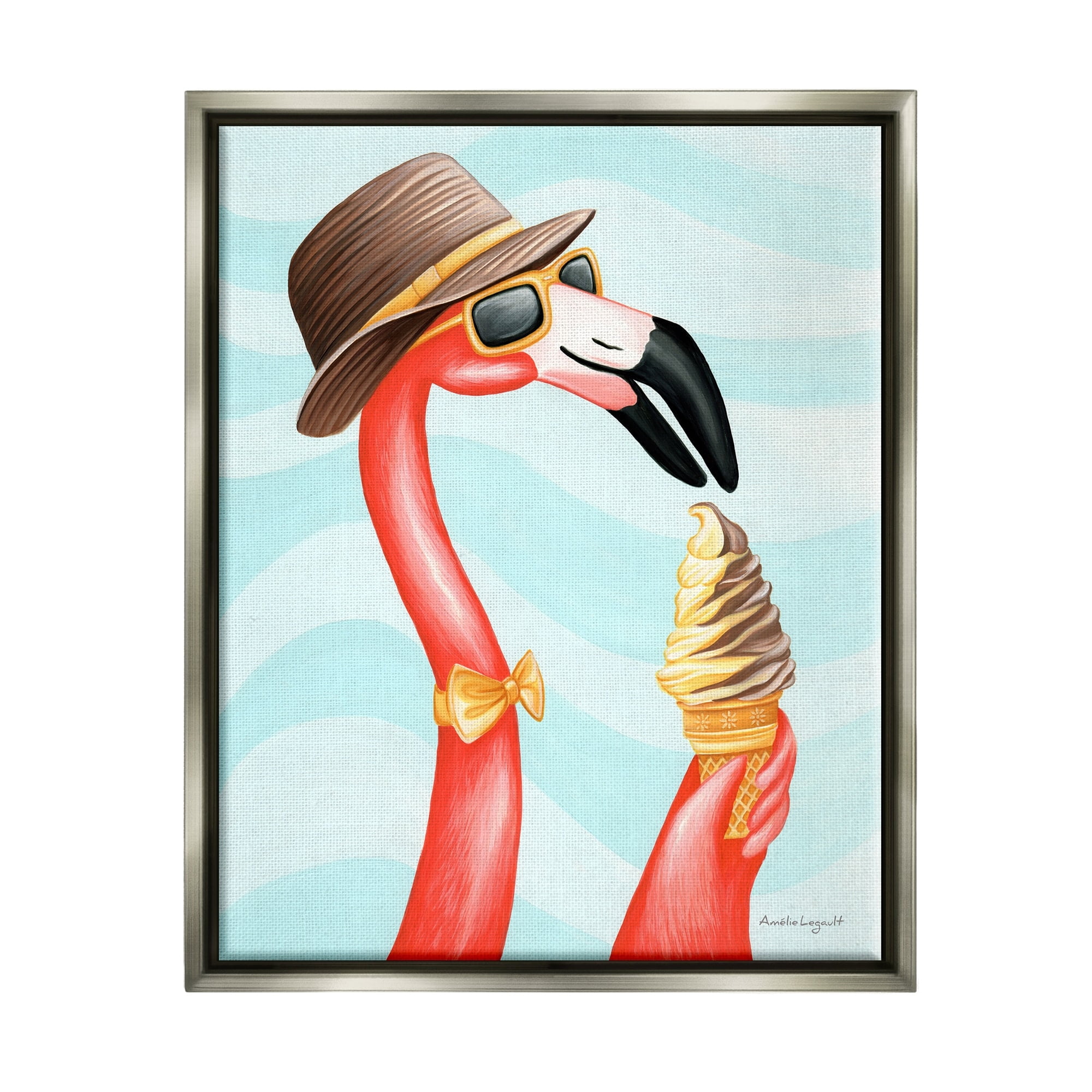 Stupell Industries Dapper Flamingo Summertime Ice Cream Cone Snack Graphic Art Luster Gray Floating Framed Canvas Print Wall Art, Design by Amelie Legault
