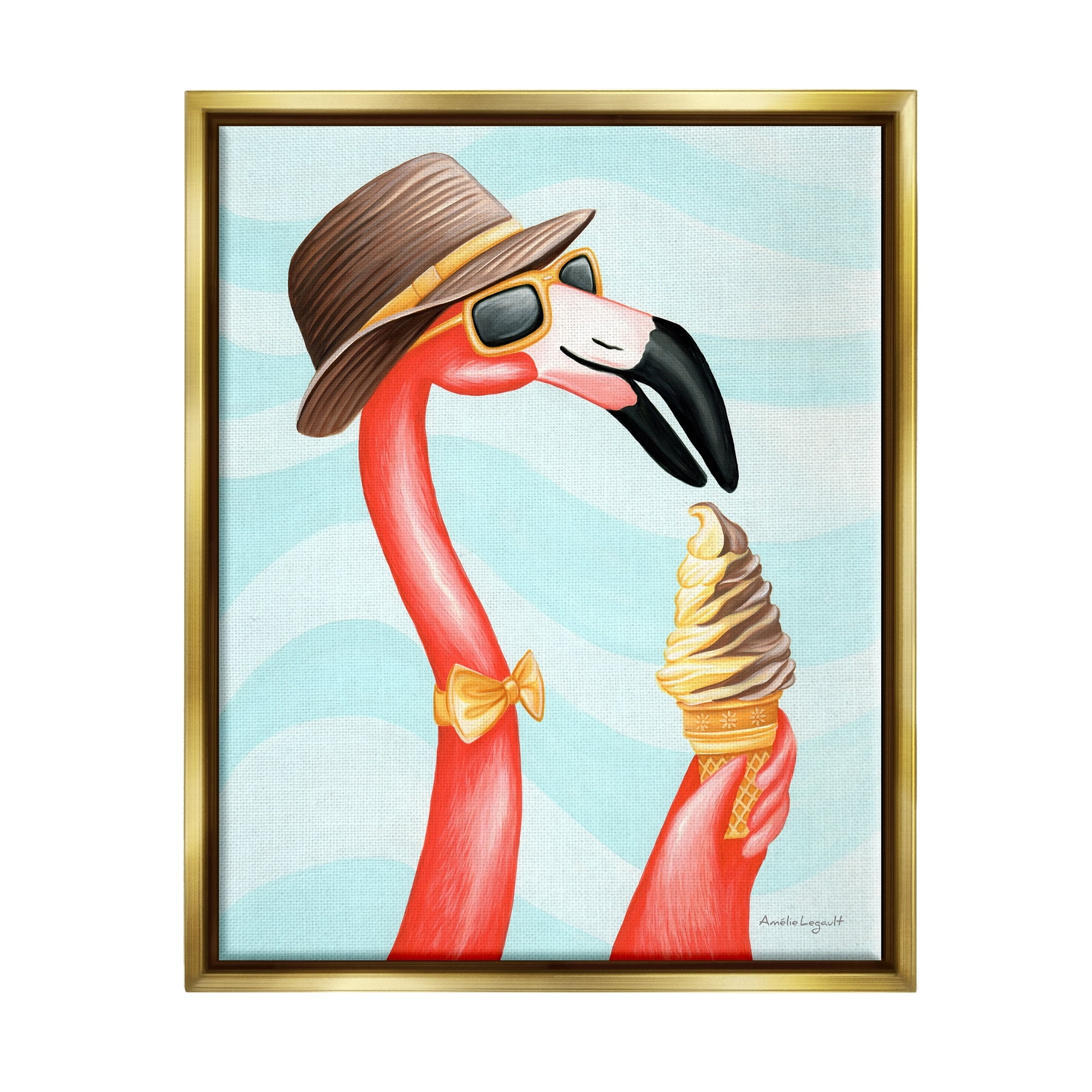 Stupell Industries Dapper Flamingo Summertime Ice Cream Cone Snack Graphic Art Metallic Gold Floating Framed Canvas Print Wall Art, Design by Amelie Legault