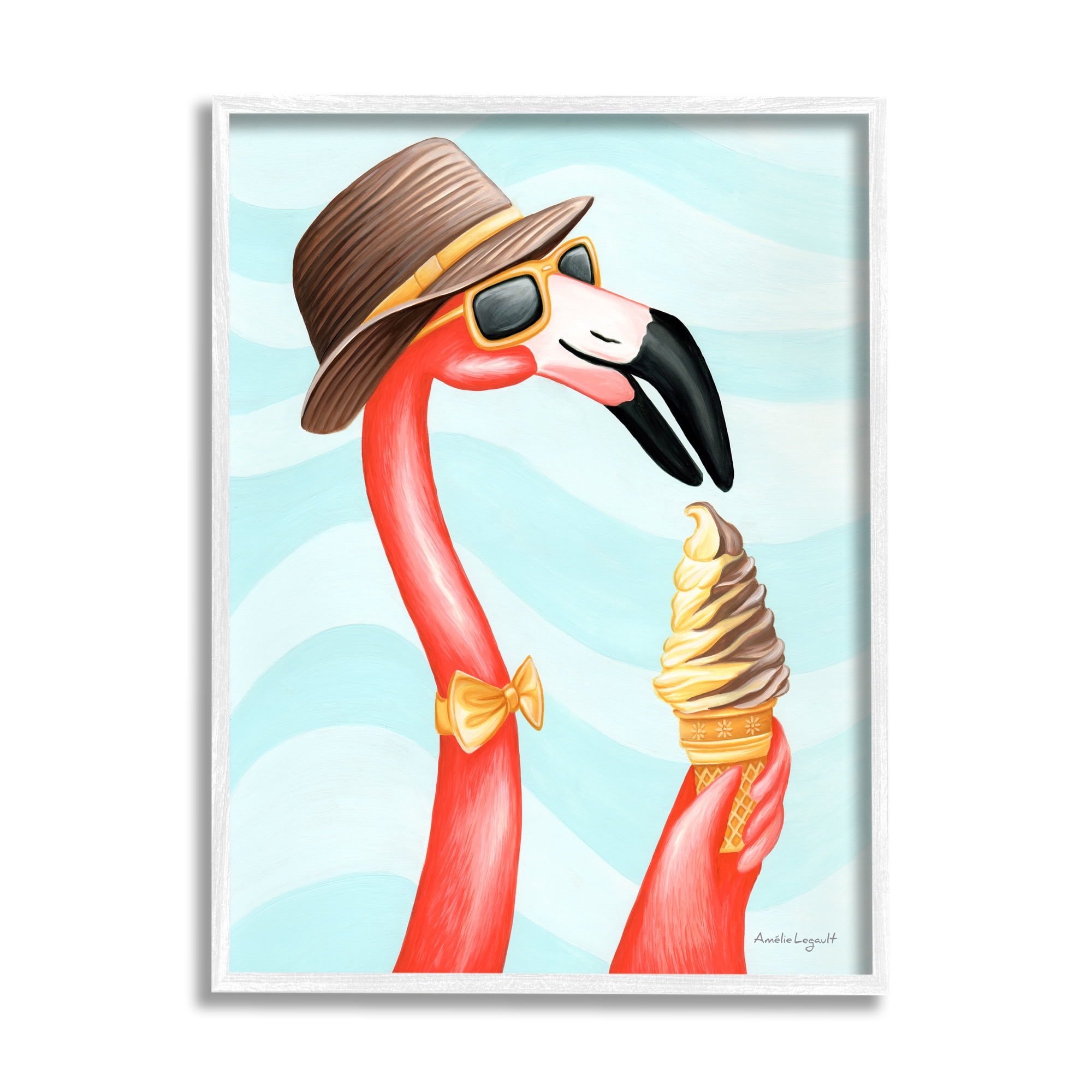 Stupell Industries Dapper Flamingo Summertime Ice Cream Cone Snack Graphic Art White Framed Art Print Wall Art, Design by Amelie Legault