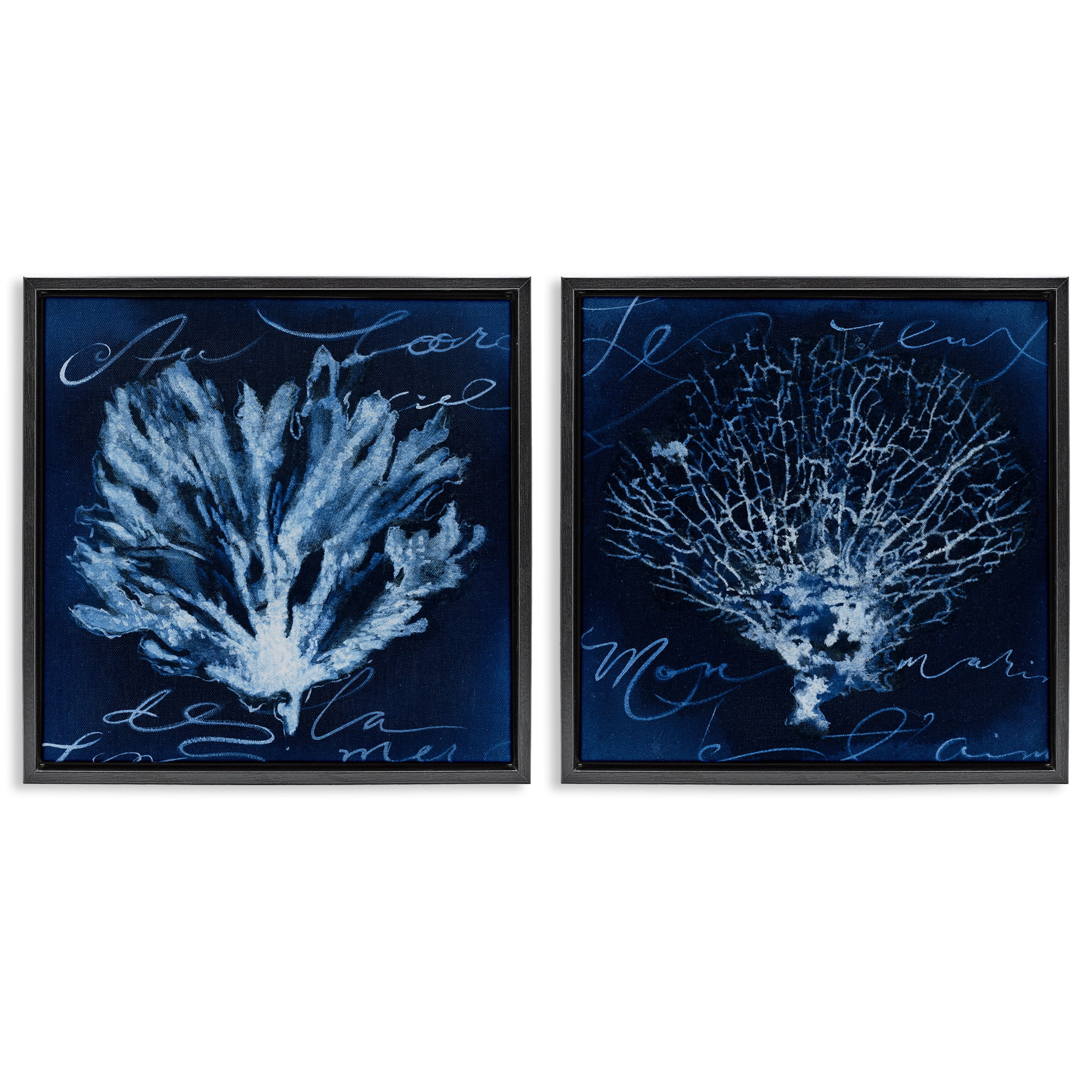 Stupell Industries Dark Blue Coral Pieces Nautical & Beach Painting Black Floater Framed Canvas Art Print Wall Art, 18 x 18, Set of 2
