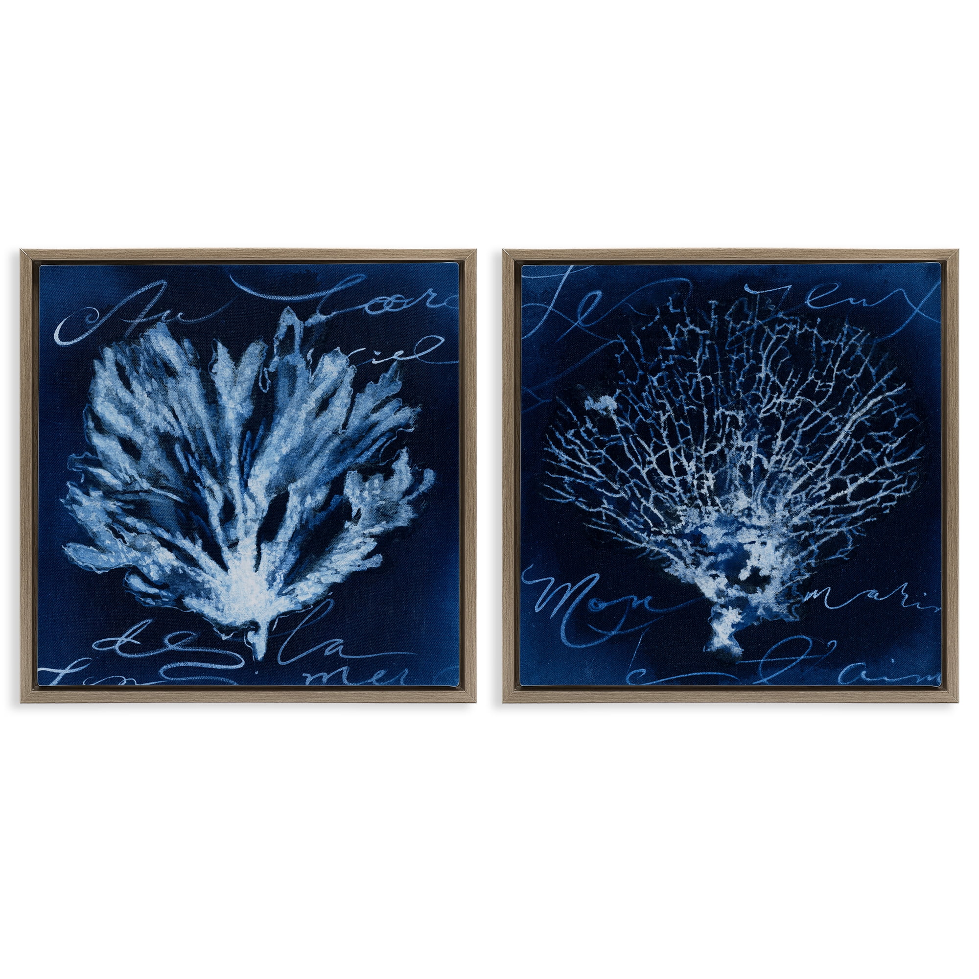 Stupell Industries Dark Blue Coral Pieces Nautical & Beach Painting Brown Floater Framed Canvas Art Print Wall Art, 18 x 18, Set of 2