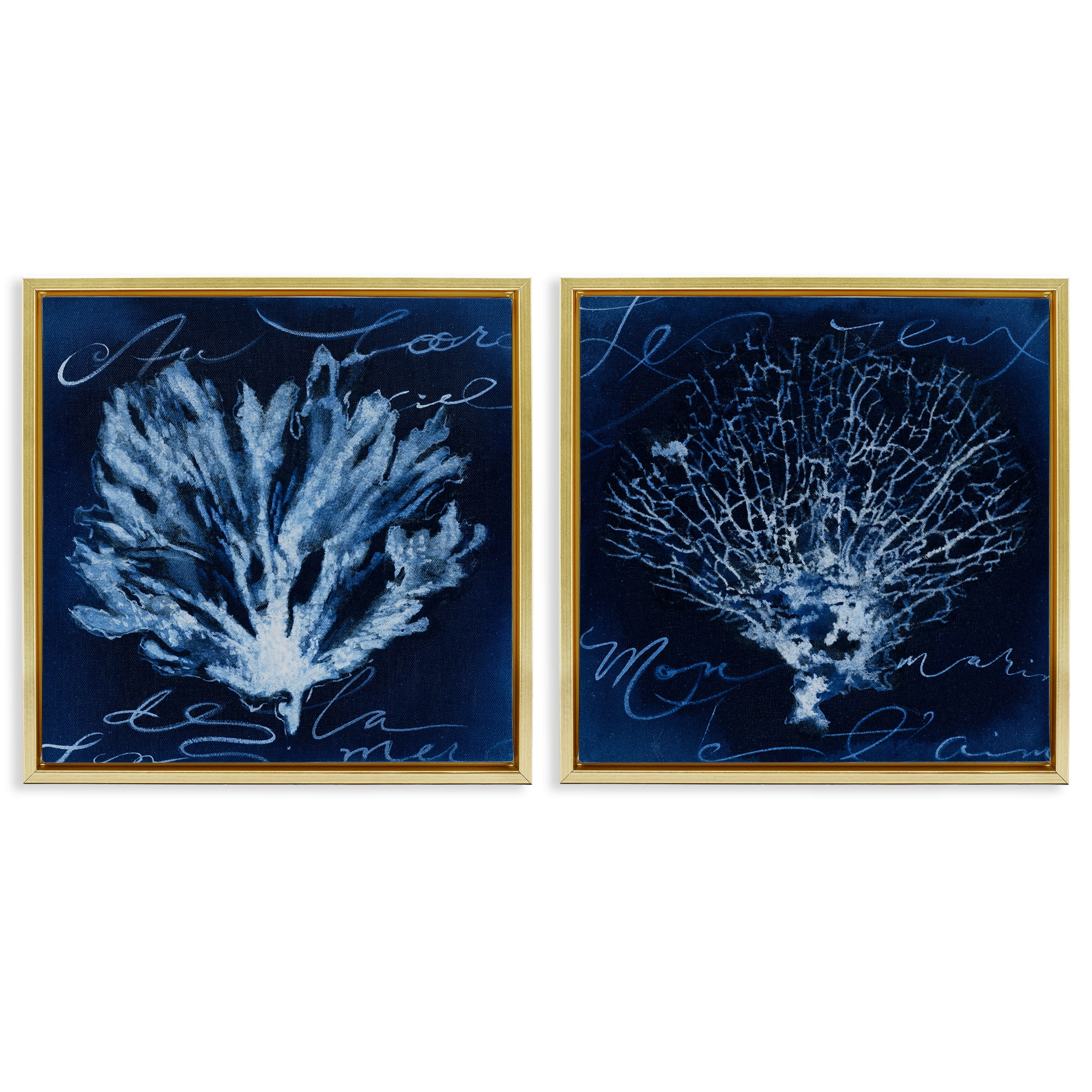 Stupell Industries Dark Blue Coral Pieces Nautical & Beach Painting Gold Floater Framed Canvas Art Print Wall Art, 25 x 25, Set of 2