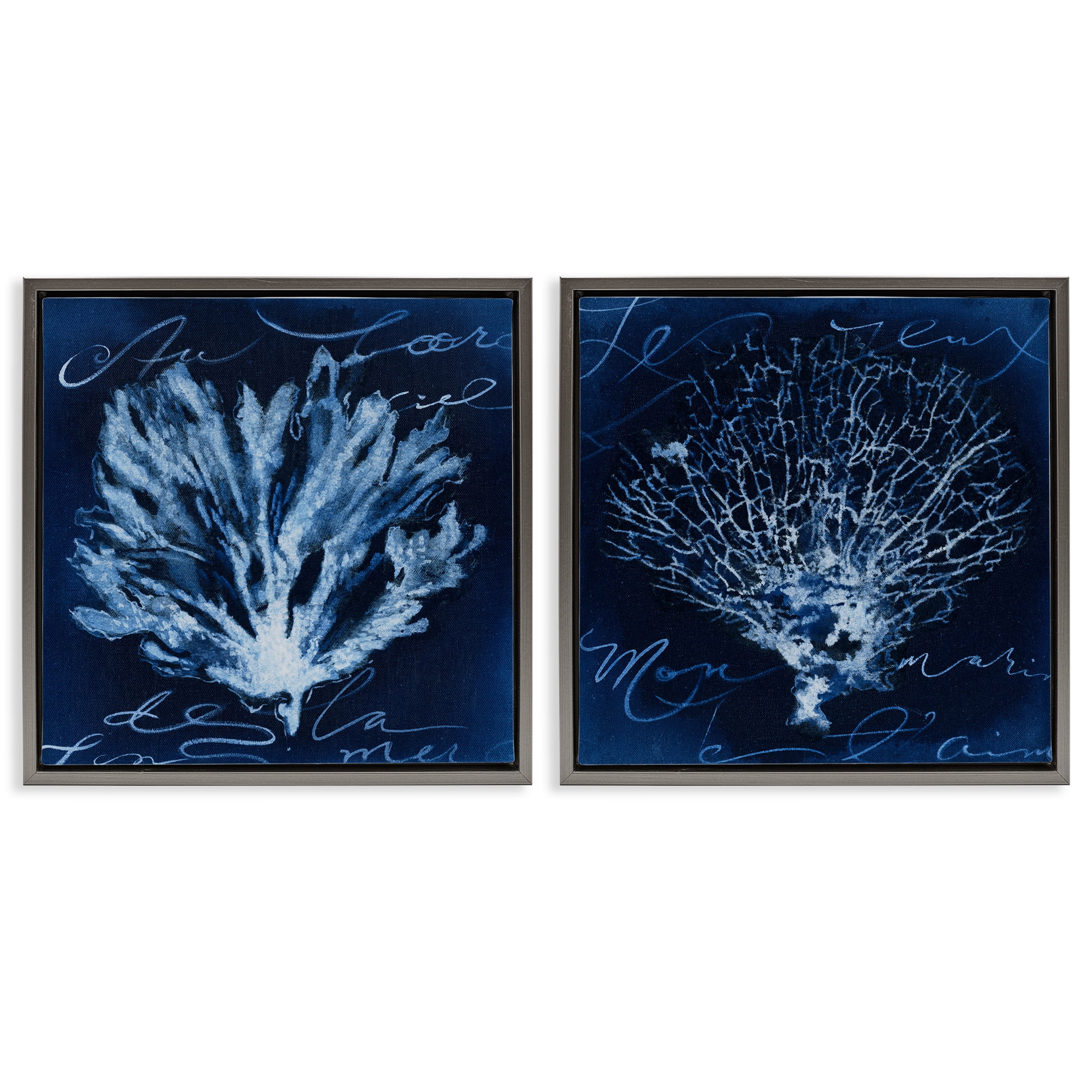 Stupell Industries Dark Blue Coral Pieces Nautical & Beach Painting Gray Floater Framed Canvas Art Print Wall Art, 18 x 18, Set of 2