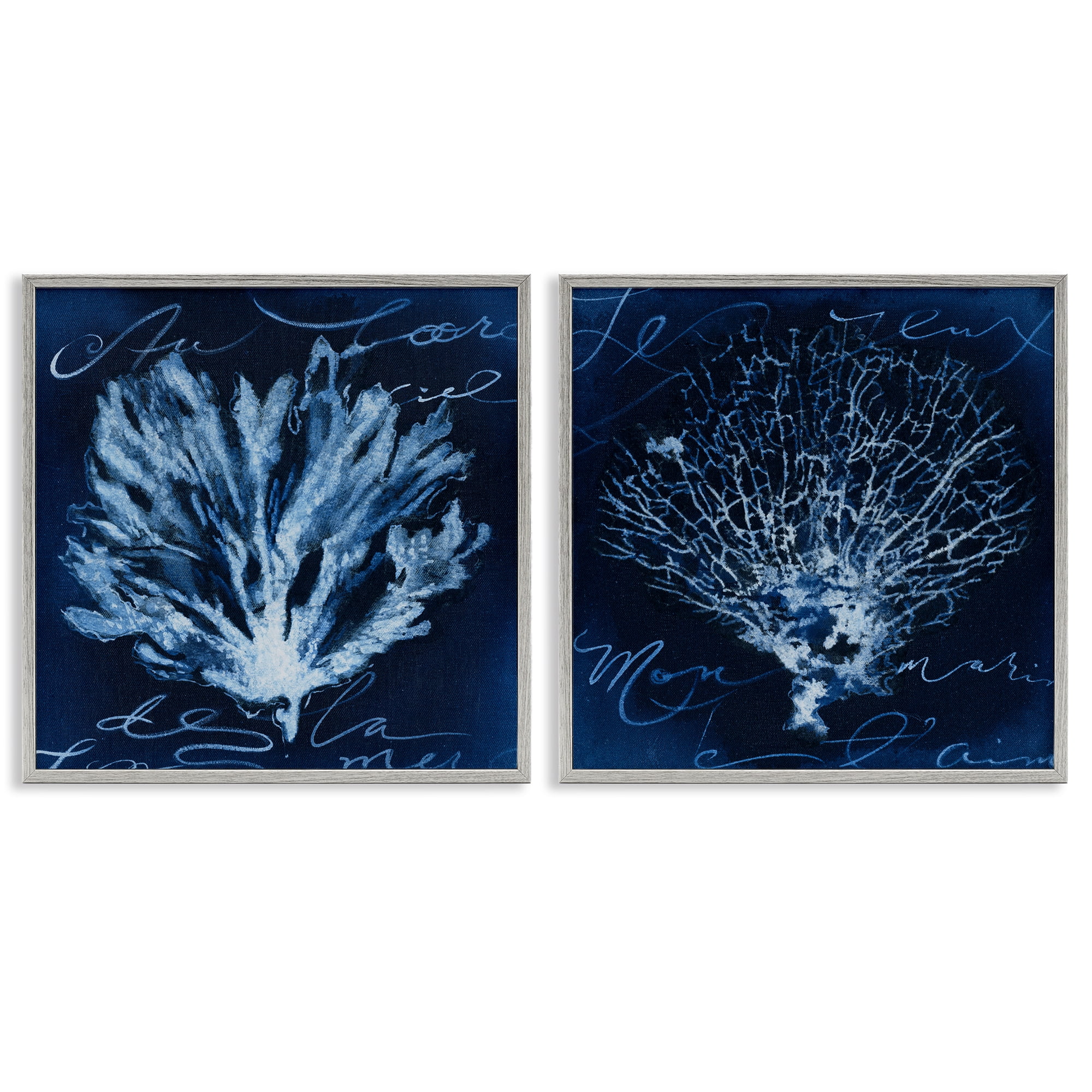 Stupell Industries Dark Blue Coral Pieces Nautical & Beach Painting Gray Framed Art Print Wall Art, 17 x 17, Set of 2