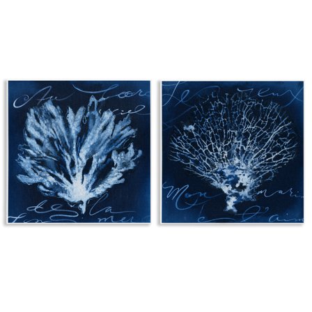 Stupell Industries Dark Blue Coral Pieces Nautical & Beach Painting Unframed Art Print Wall Art, 12 x 12, Set of 2