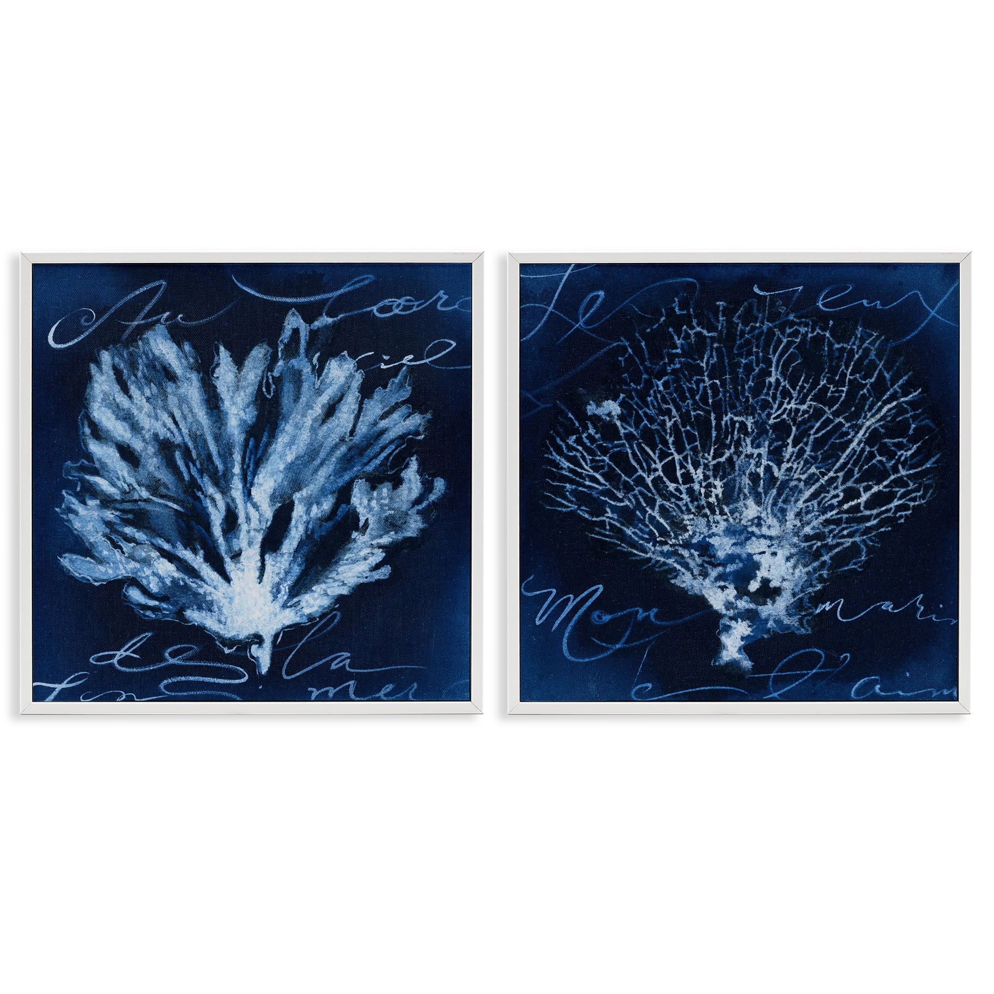 Stupell Industries Dark Blue Coral Pieces Nautical & Beach Painting White Framed Art Print Wall Art, 12 x 12, Set of 2
