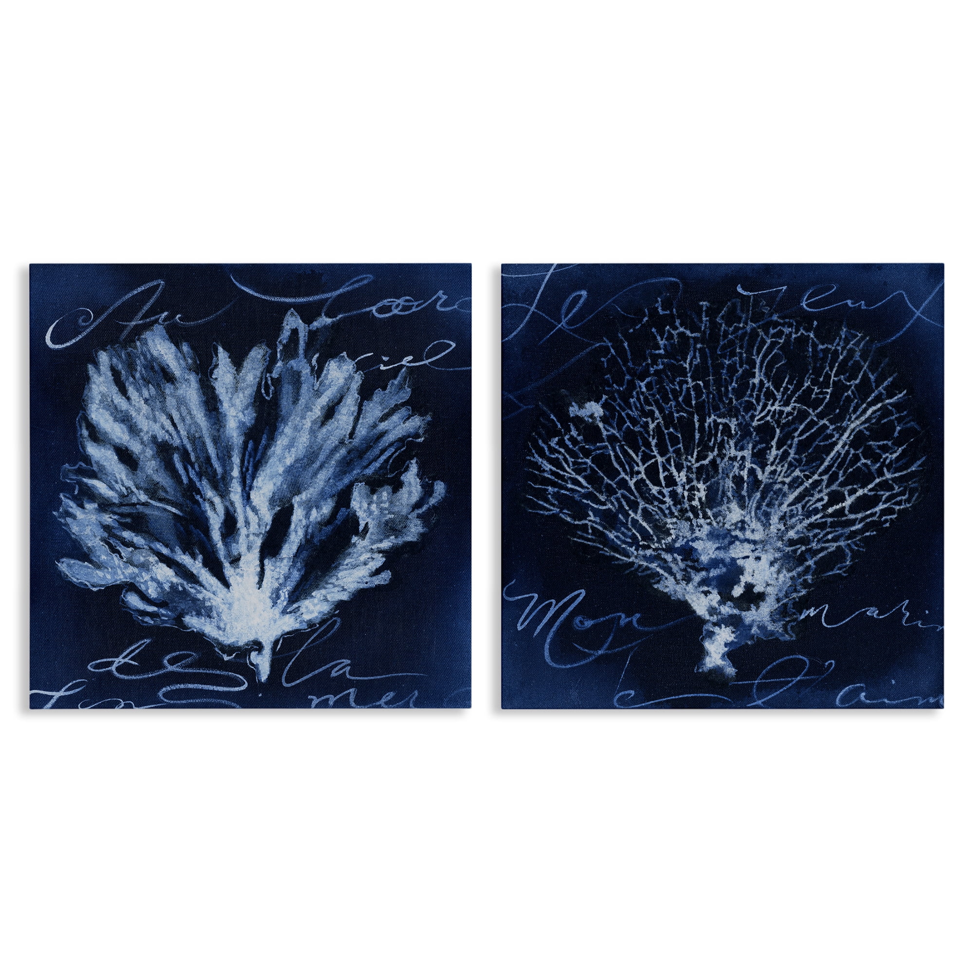 Stupell Industries Dark Blue Coral Pieces Nautical & Beach Painting Wrapped Canvas Art Print Wall Art, 17 x 17, Set of 2