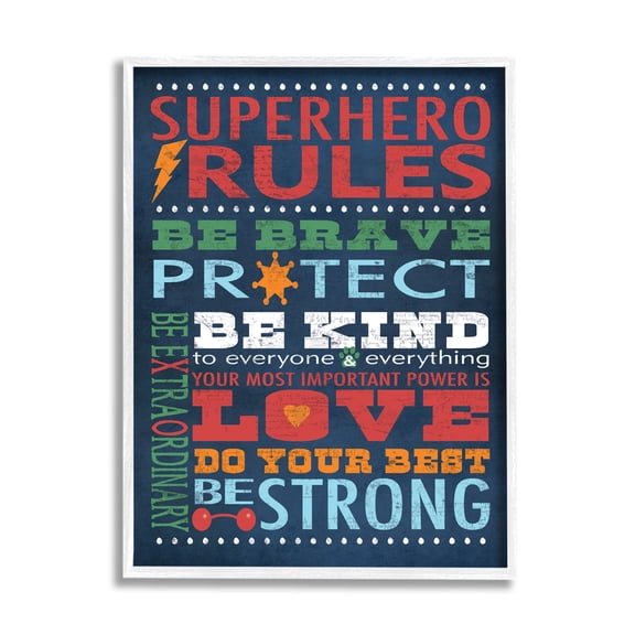 Stupell Industries Dark Blue Super Hero Rules Graphic Art White Framed Art Print Wall Art, 11x14, by Stephanie Workman Marrott