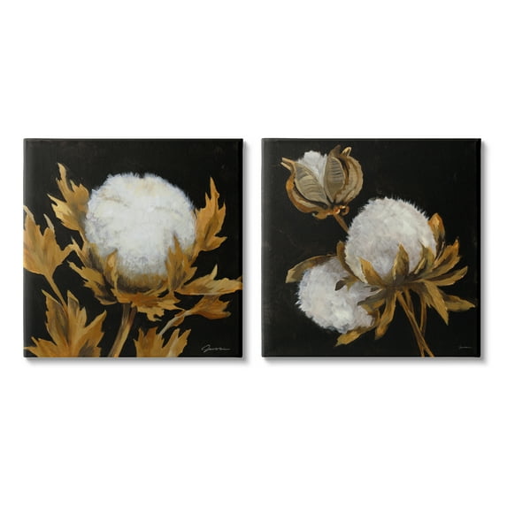 Stupell Industries Dark Cotton Flowers Botanical & Floral Painting Gallery Wrapped Canvas Print Wall Art, 24 x 24, Set of 2