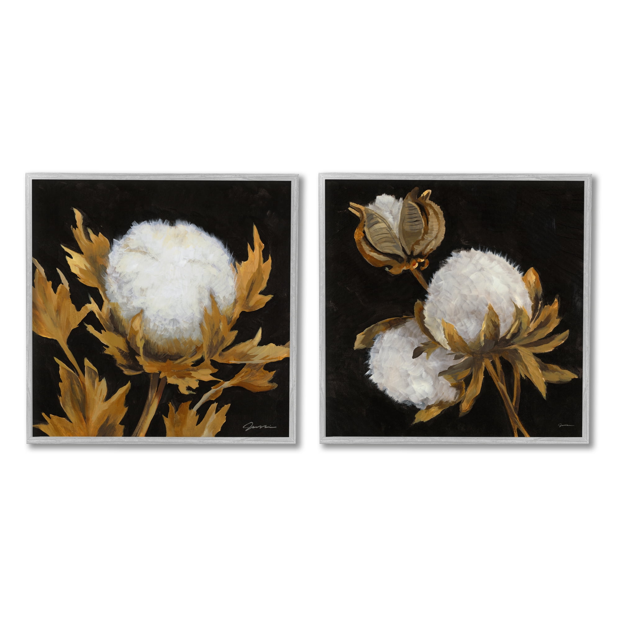 Stupell Industries Dark Cotton Flowers Botanical & Floral Painting Gray Framed Art Print Wall Art, 24 x 24, Set of 2