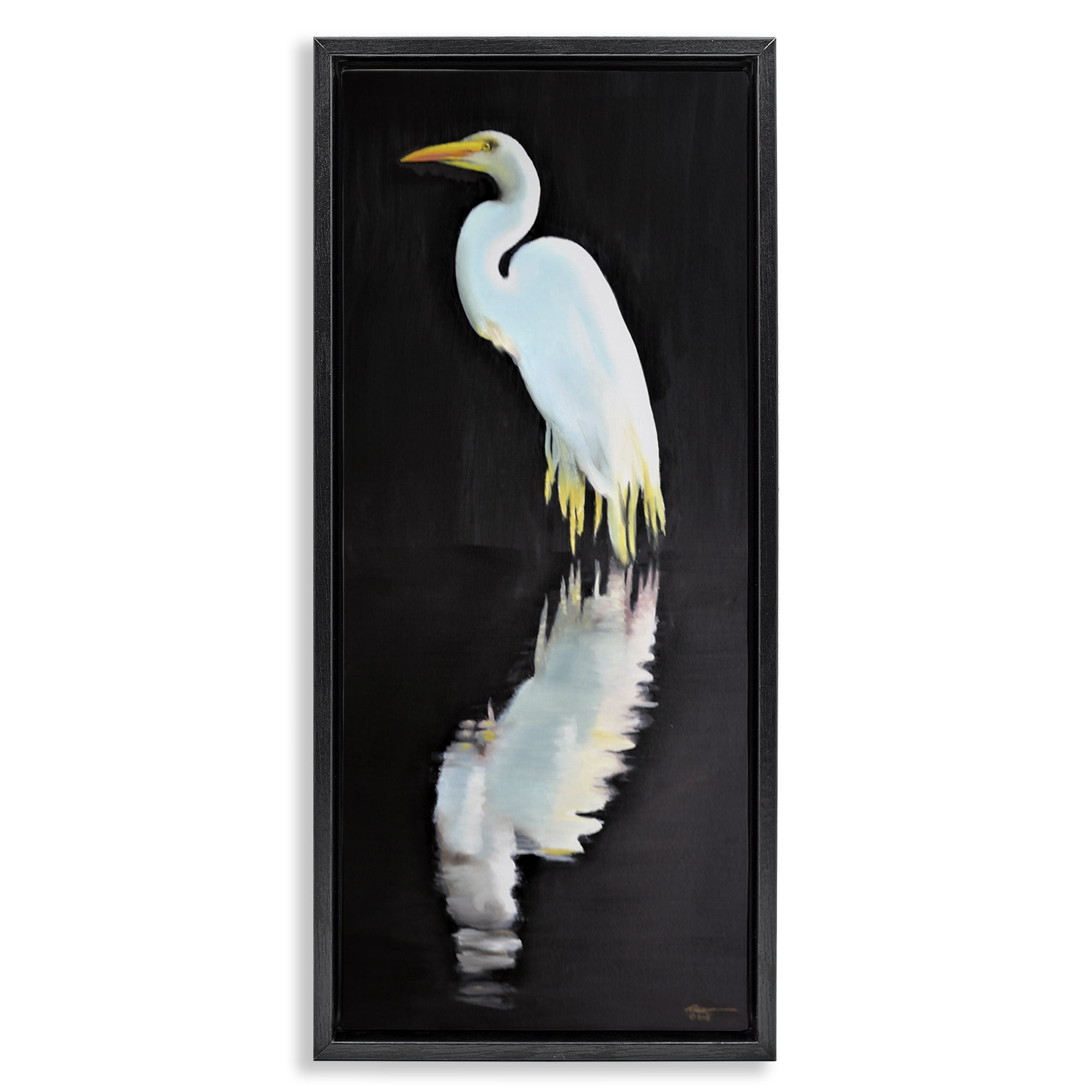 Stupell Industries Dark Egret Reflection Animals & Insects Painting Black Floater Framed Canvas Art Print Wall Art, 15 x 31