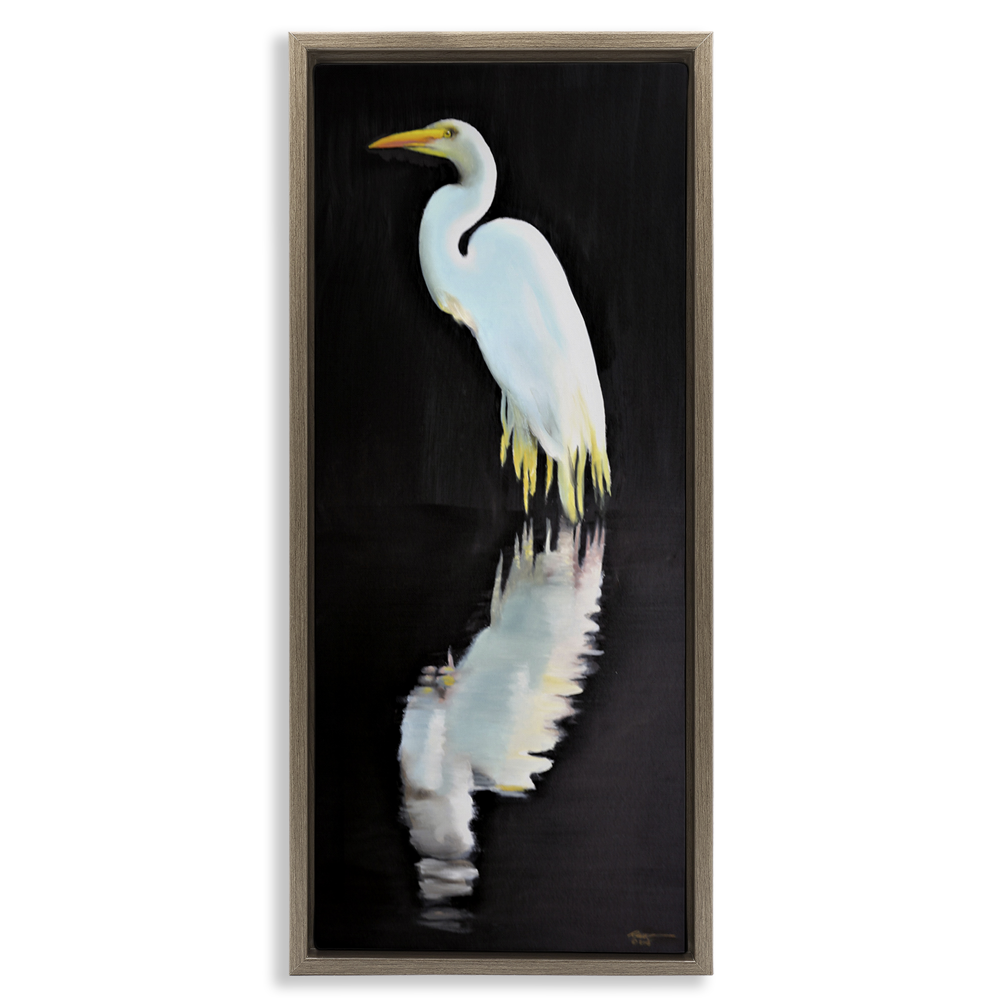 Stupell Industries Dark Egret Reflection Animals & Insects Painting Brown Floater Framed Canvas Art Print Wall Art, 15 x 31