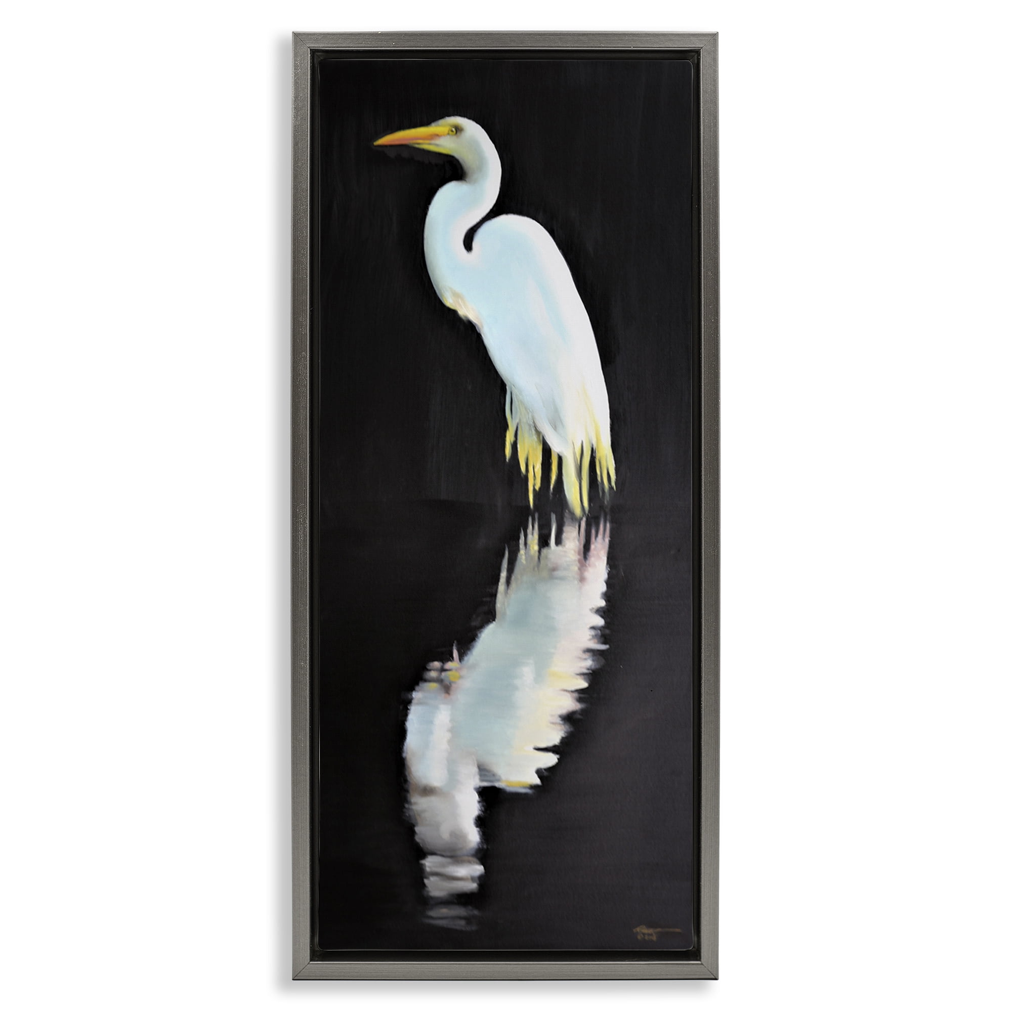 Stupell Industries Dark Egret Reflection Animals & Insects Painting Gray Floater Framed Canvas Art Print Wall Art, 11 x 25
