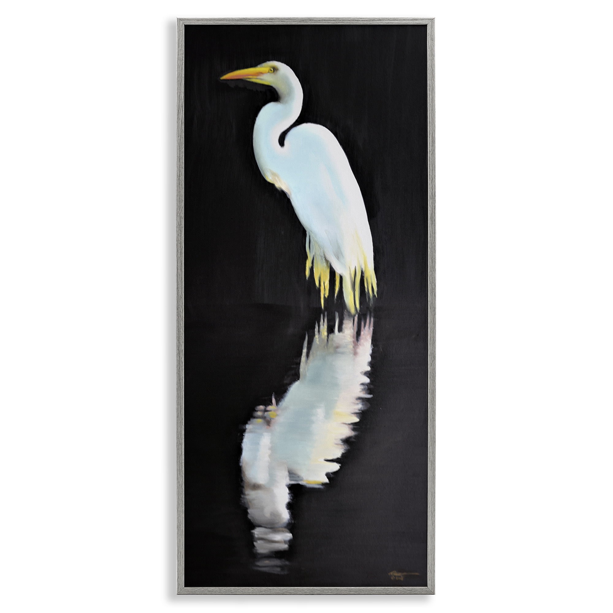 Stupell Industries Dark Egret Reflection Animals & Insects Painting Gray Framed Art Print Wall Art, 10 x 24