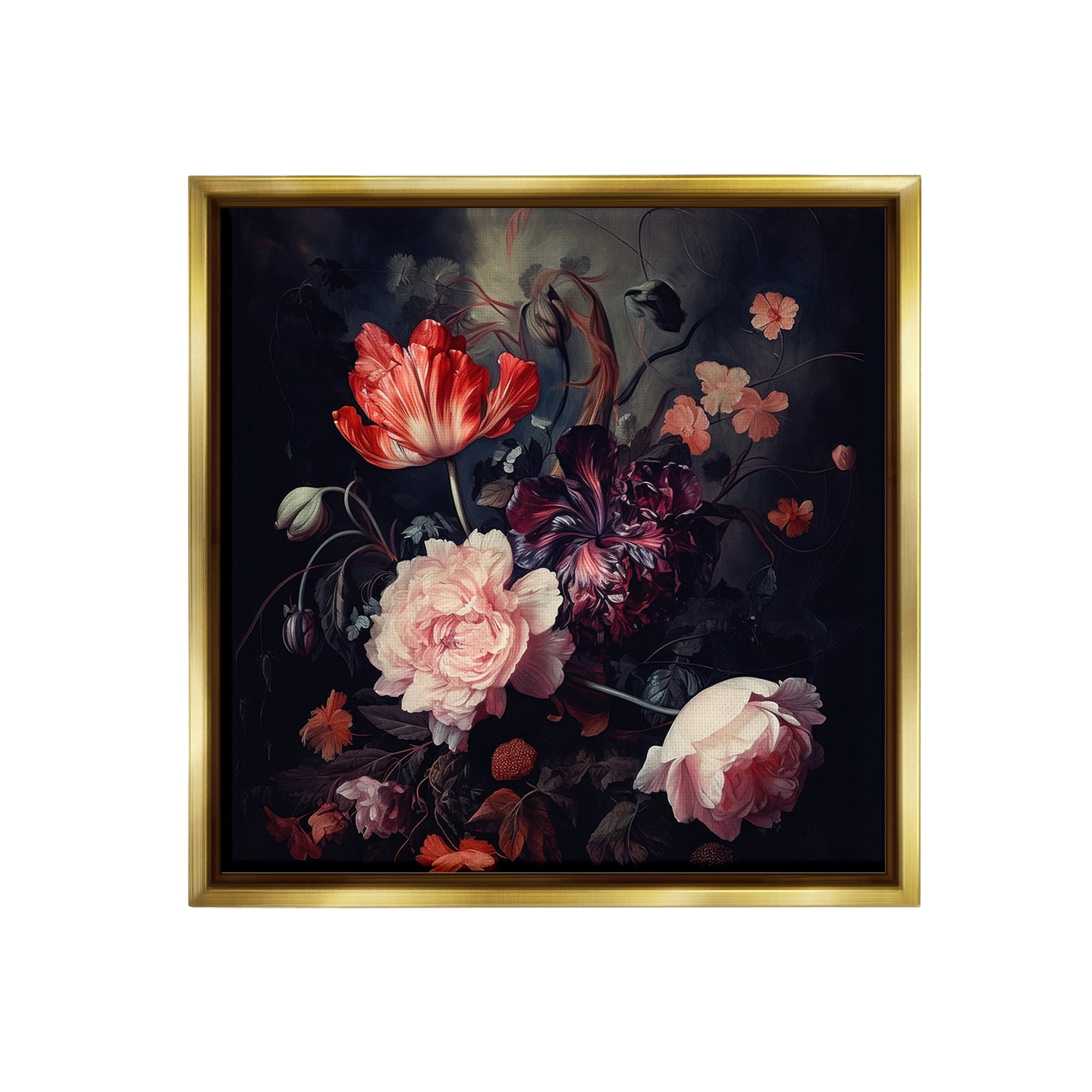 Stupell Industries Dark Elegant Flowers Botanical & Floral Photography Gold Floater Framed Canvas Art Print Wall Art, 25 x 25