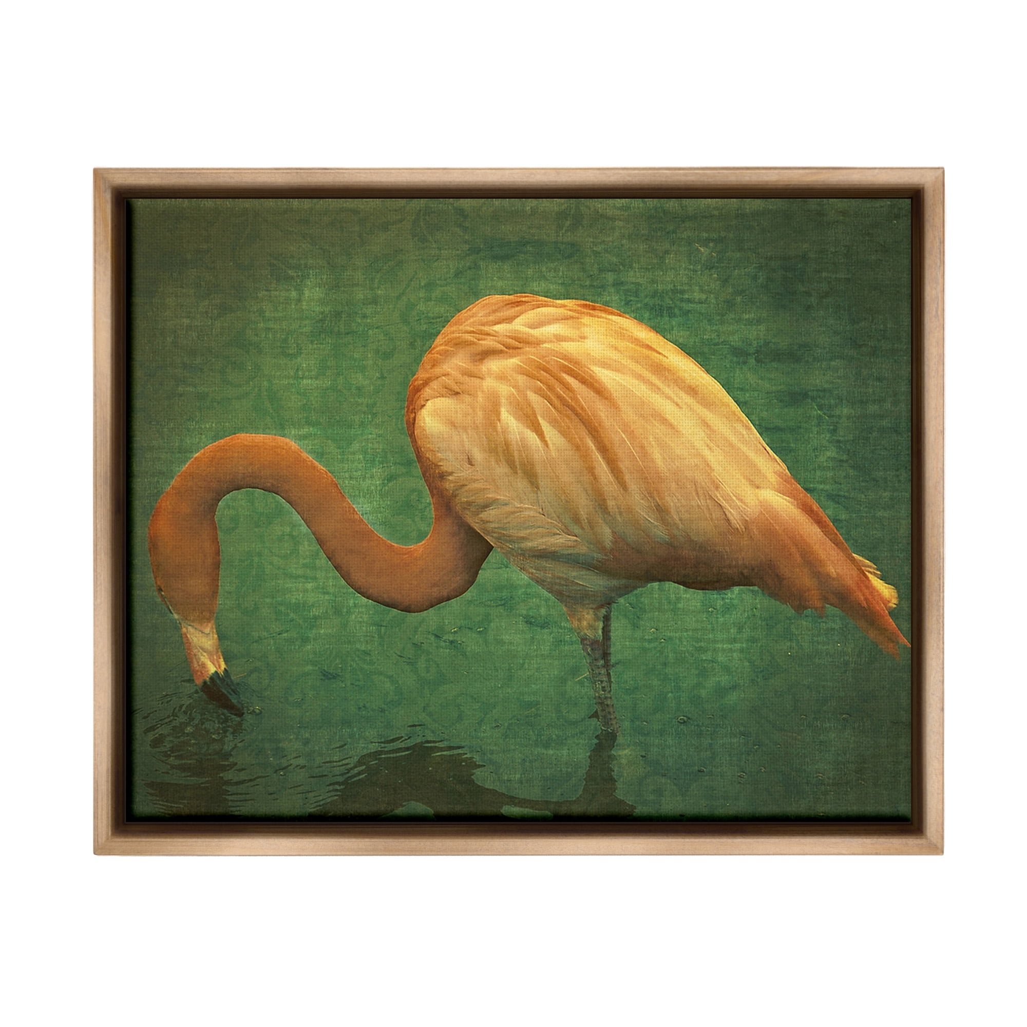 Stupell Industries Dark Flamingo in Pond Animals & Insects Painting Brown Floater Framed Canvas Art Print Wall Art, 31 x 25