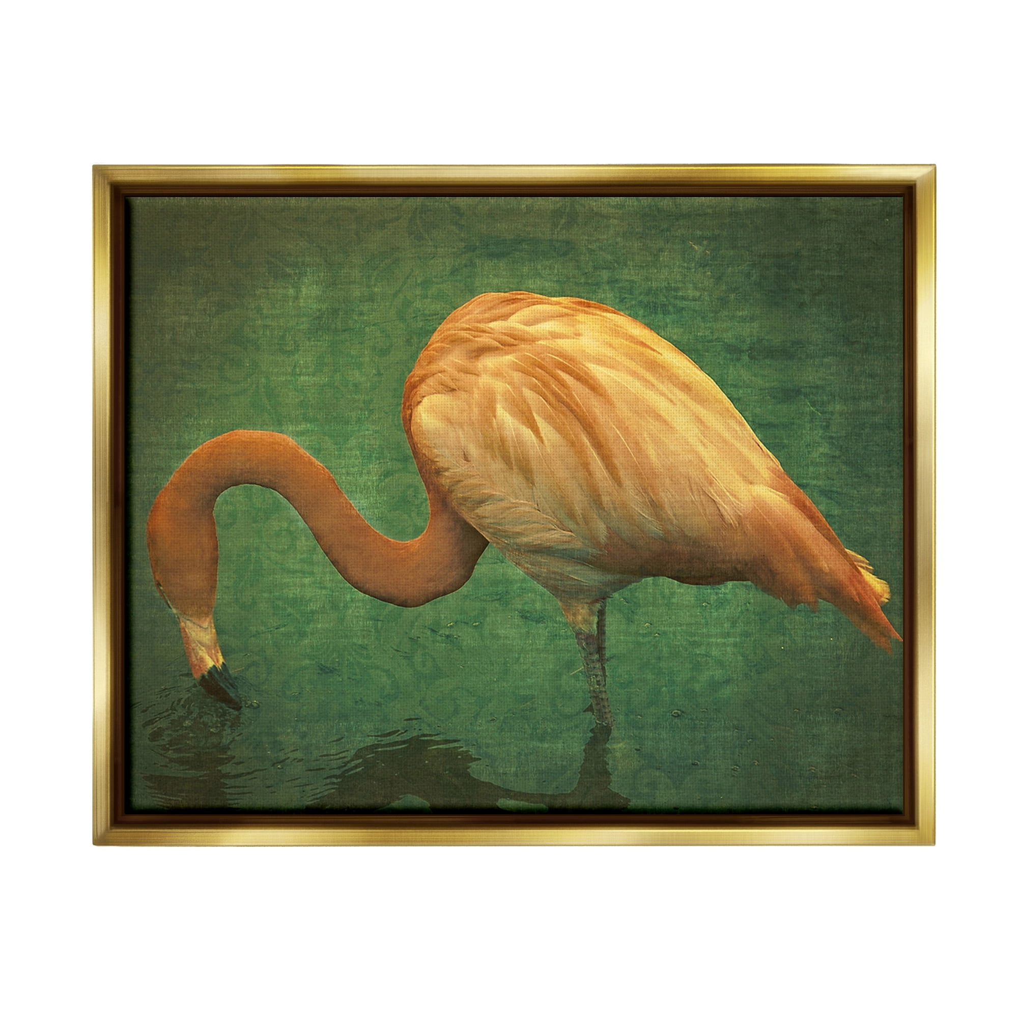 Stupell Industries Dark Flamingo in Pond Animals & Insects Painting Gold Floater Framed Canvas Art Print Wall Art, 31 x 25
