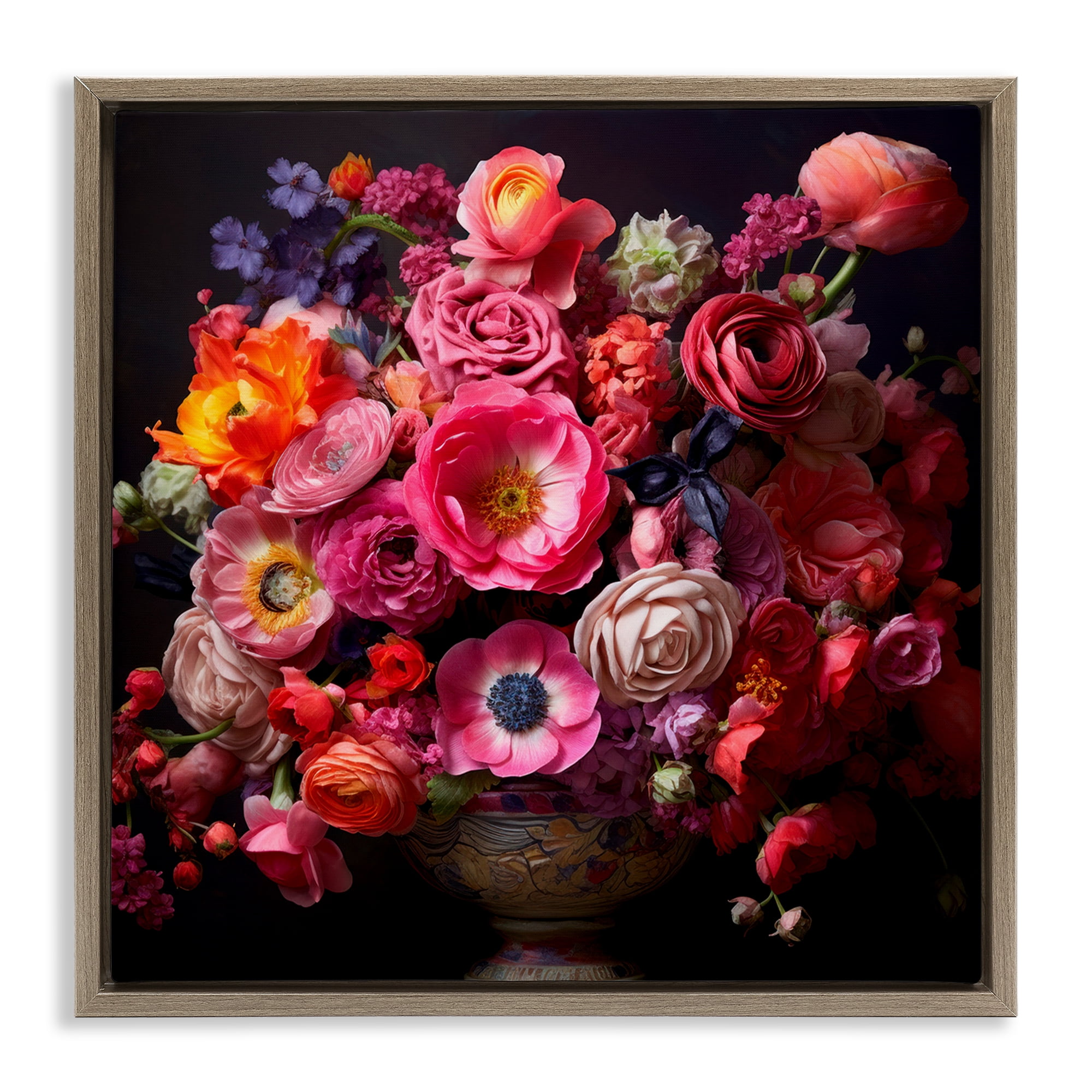 Stupell Industries Dark Full Bouquet Botanical & Floral Painting Brown Floater Framed Art Print Wall Art, 18 x 18