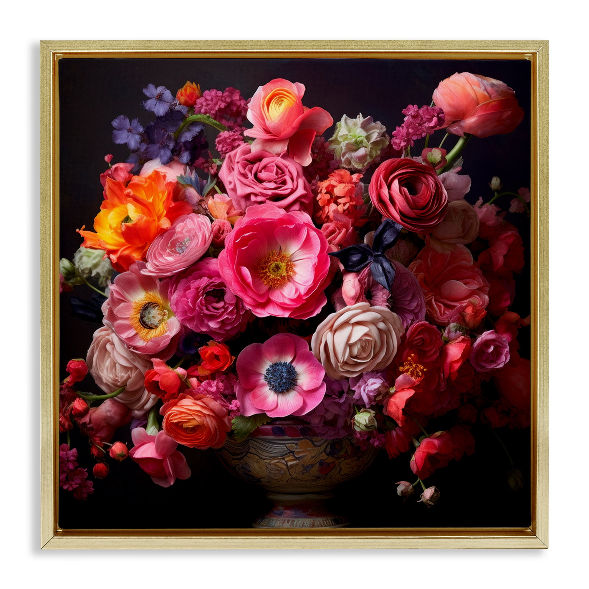 Stupell Industries Dark Full Bouquet Botanical & Floral Painting Gold Floater Framed Art Print Wall Art, 25 x 25
