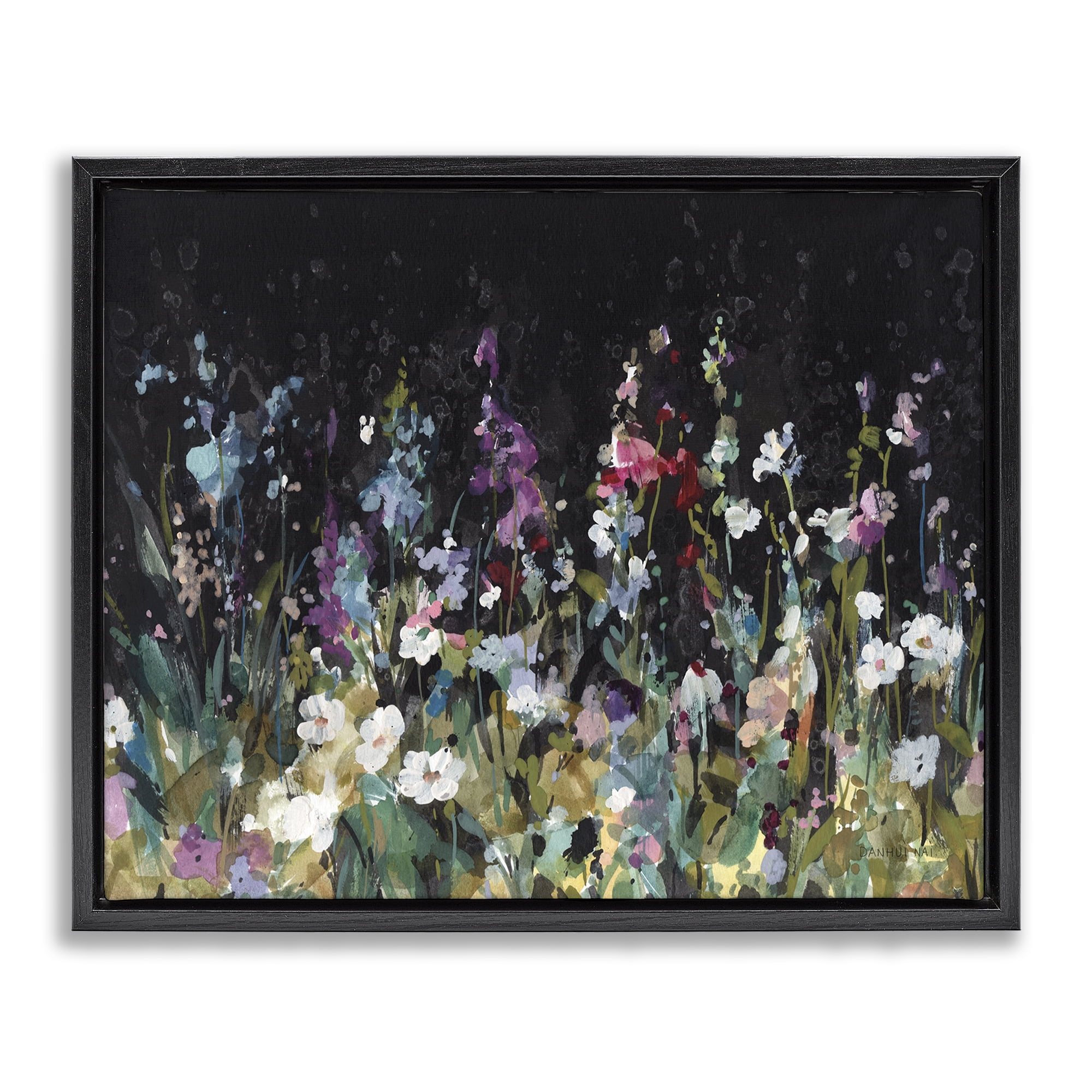 Stupell Industries Dark Garden Meadow Plants & Flowers Painting Black Floater Framed Canvas Art Print Wall Art, 31 x 25