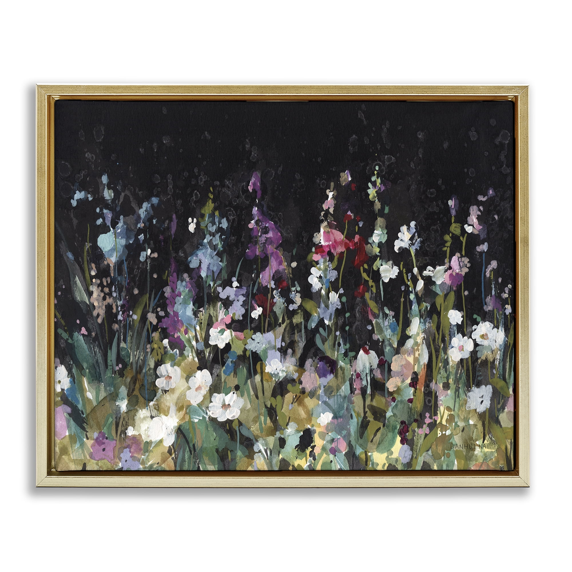 Stupell Industries Dark Garden Meadow Plants & Flowers Painting Gold Floater Framed Canvas Art Print Wall Art, 21 x 17