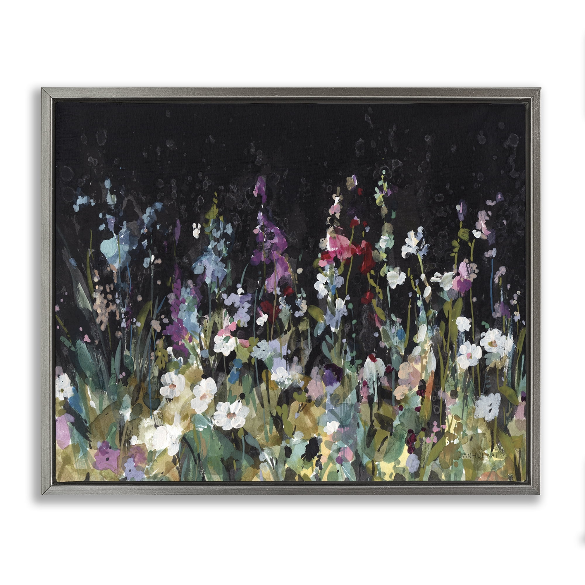 Stupell Industries Dark Garden Meadow Plants & Flowers Painting Gray Floater Framed Canvas Art Print Wall Art, 31 x 25