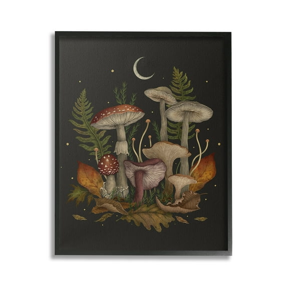 Stupell Industries Dark Mushrooms with Moon Botanical & Floral Painting Black Framed Art Print Wall Art, 16 x 20