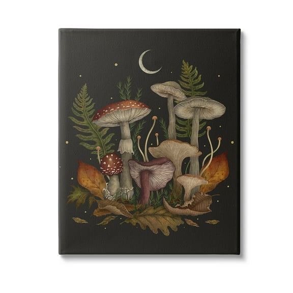 Stupell Industries Dark Mushrooms with Moon Botanical & Floral Painting Gallery Wrapped Canvas Art Print Wall Art, 16 x 20