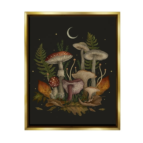 Stupell Industries Dark Mushrooms with Moon Botanical & Floral Painting Gold Floater Framed Canvas Art Print Wall Art, 17 x 21